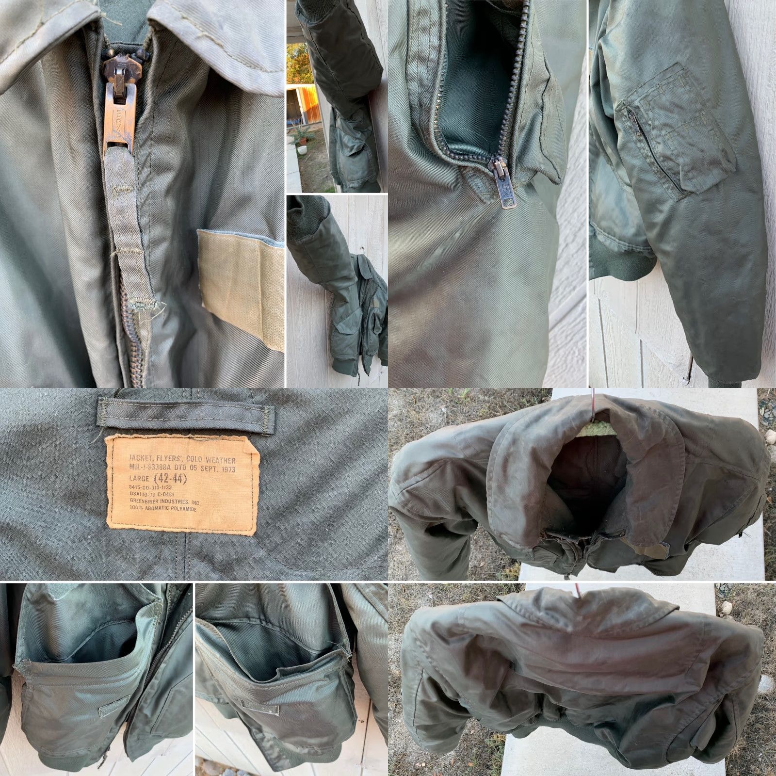 Vintage VINTAGE MIL-J-83388A DTG 05 SEPT 1973 LARGE 42-44 Greenbrier Industries, Inc. JACKET, FLYERS, COLD WEATHER GREEN 1970s Mens L Size US L / EU 52-54 / 3 - 8 Thumbnail