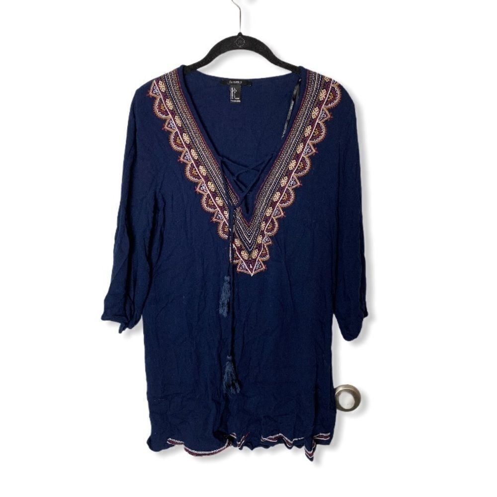 Forever 21 Forever 21 Navy Boho Embroidered Tunic Blouse – Lace-Up Fron Size L / US 10 / IT 46 - 2 Thumbnail