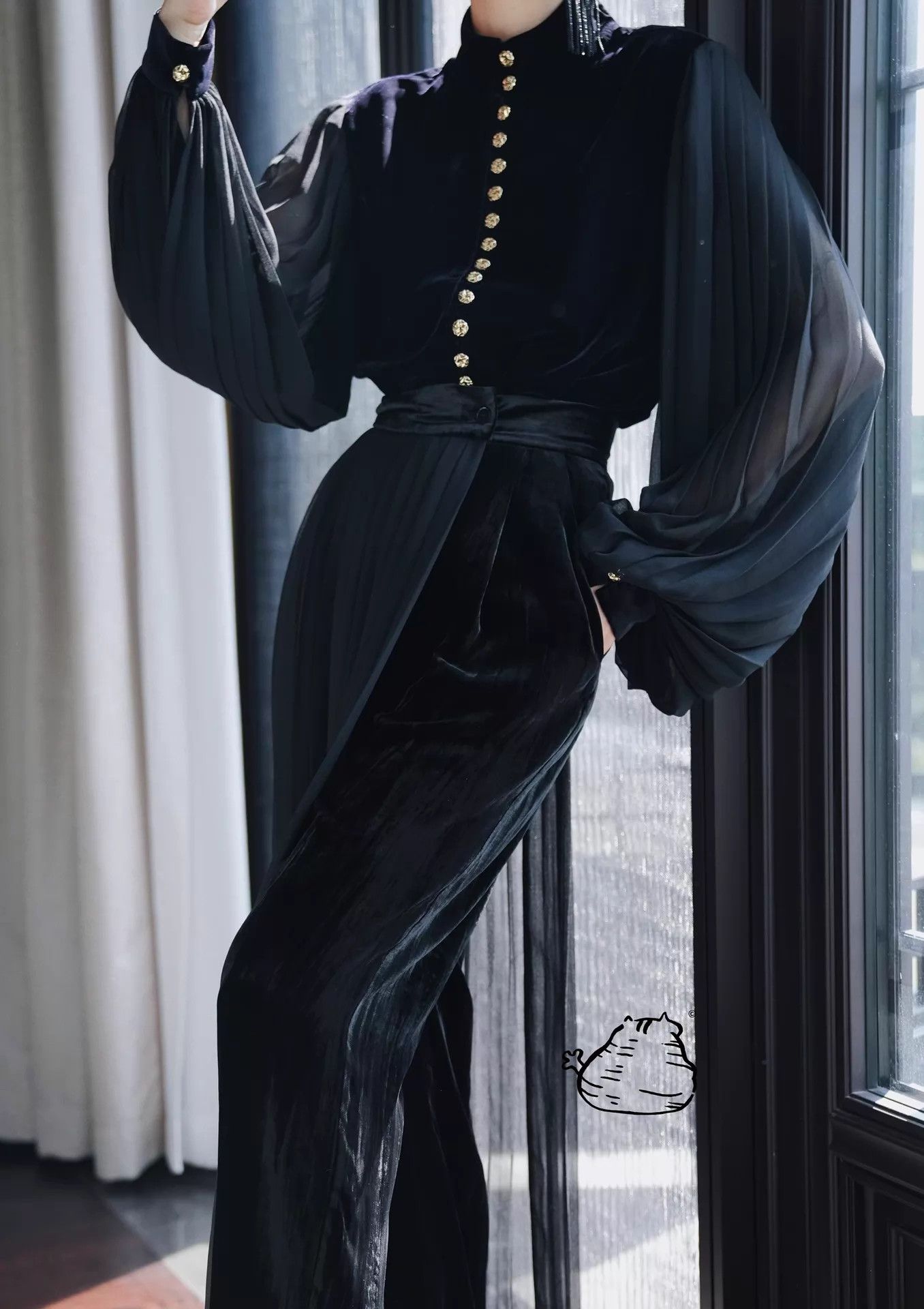 Other Jiangkou King Black Velvet Pleated Button-Front Shirt Size S / US 4 / IT 40 - 3 Thumbnail