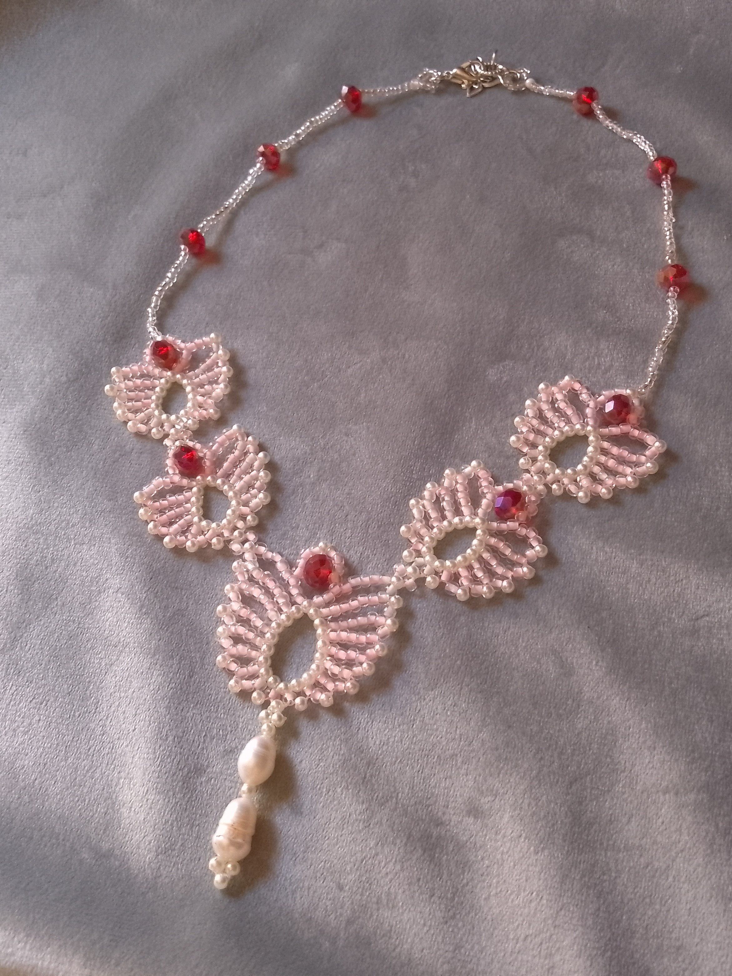 Handmade Necklace Pink lotus flowers with crystal& freshwater pearls Size ONE SIZE - 4 Thumbnail