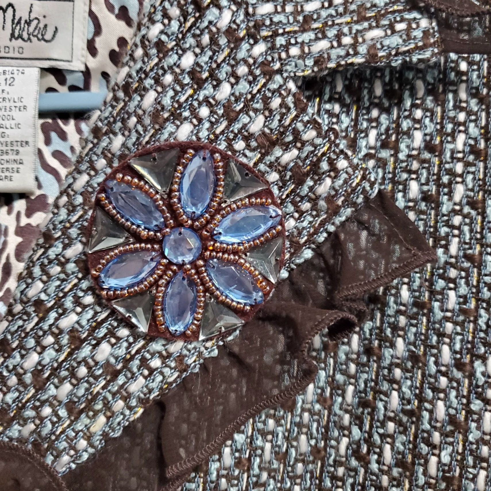Bob Mackie VINTAGE Bob Mackie Studio Jacket Blazer Womens 12 Brown Blue Tweed Ruffles Shoulder Pads Blazer Womens Size XL / US 12-14 / IT 48-50 - 5 Thumbnail