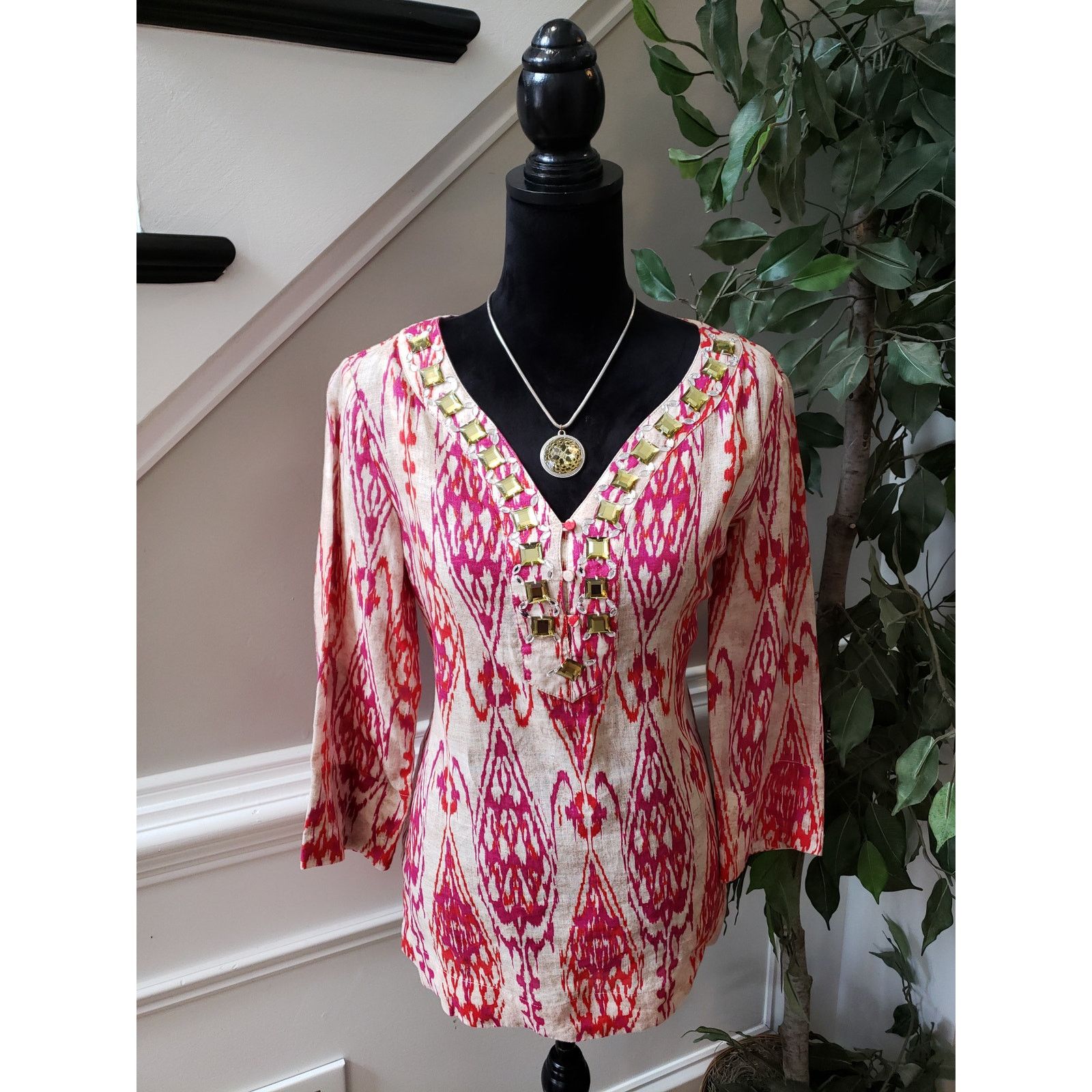 Jones New York Jones New York Signature Top S Beige Pink Ikat Print Linen Size S / US 4 / IT 40 - 1 Thumbnail
