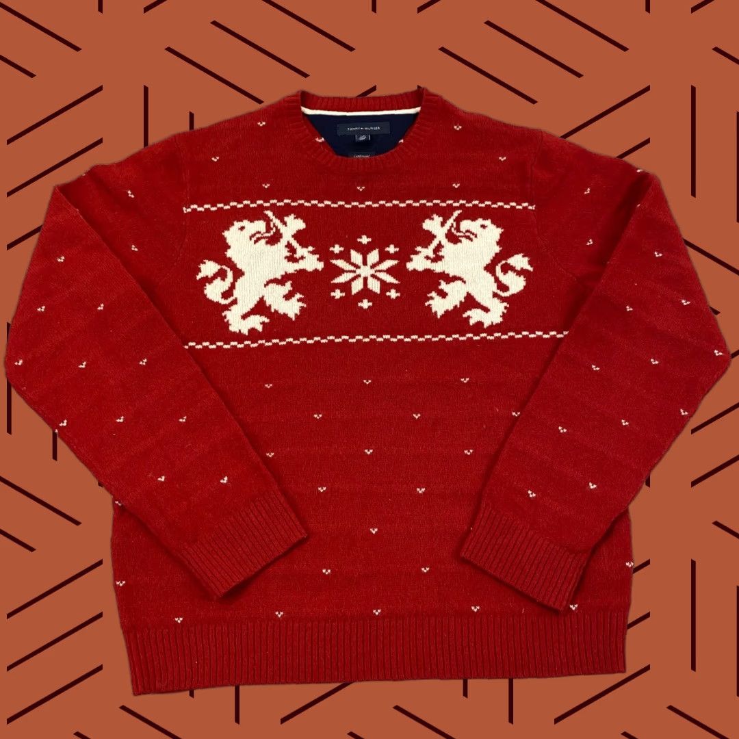 Tommy Hilfiger TOMMY HILFIGER Sweater Men Large Red White Lambswool Lions Crest Pullover Nordic Size US L / EU 52-54 / 3 - 1 Thumbnail