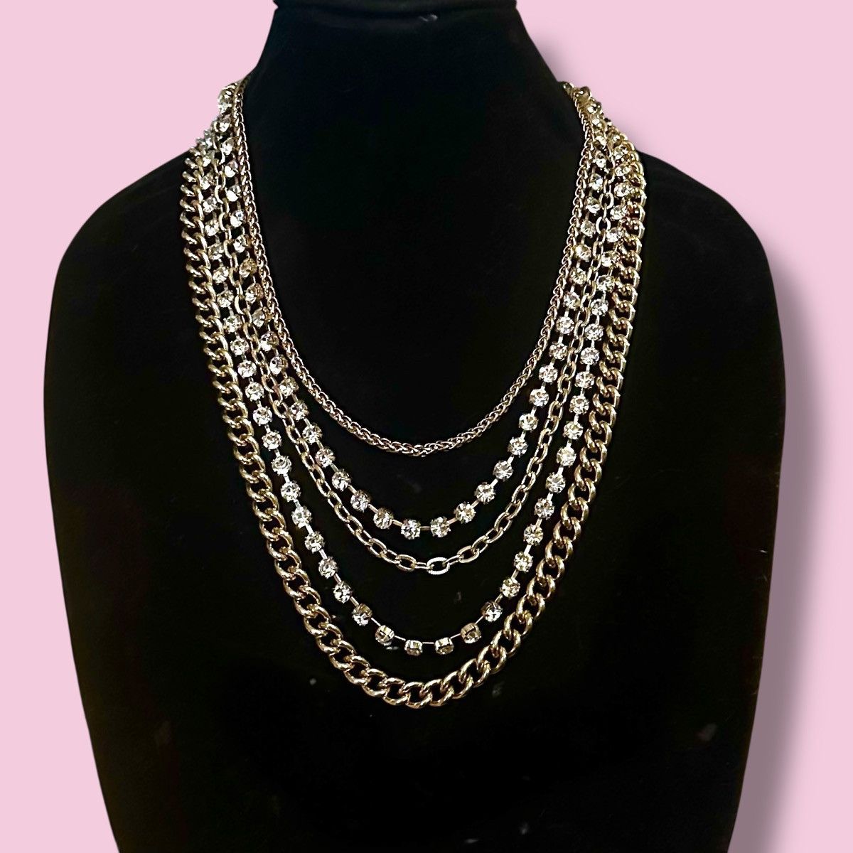 Other Gold tone chunky multi layered rhinestone & chains necklace Size ONE SIZE - 1 Thumbnail