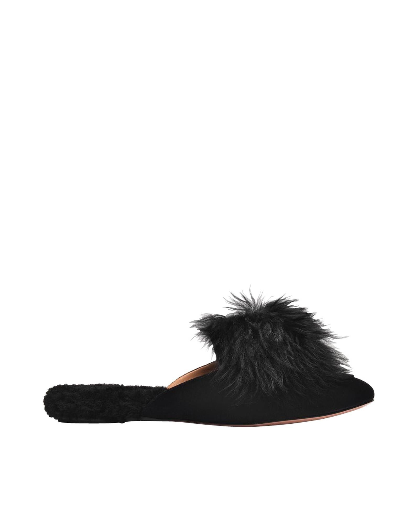 image of Aquazzura Foxy Pompon Suede Mule Shoess With Shearling Lining Shoes in Black, Women's (Size 6)