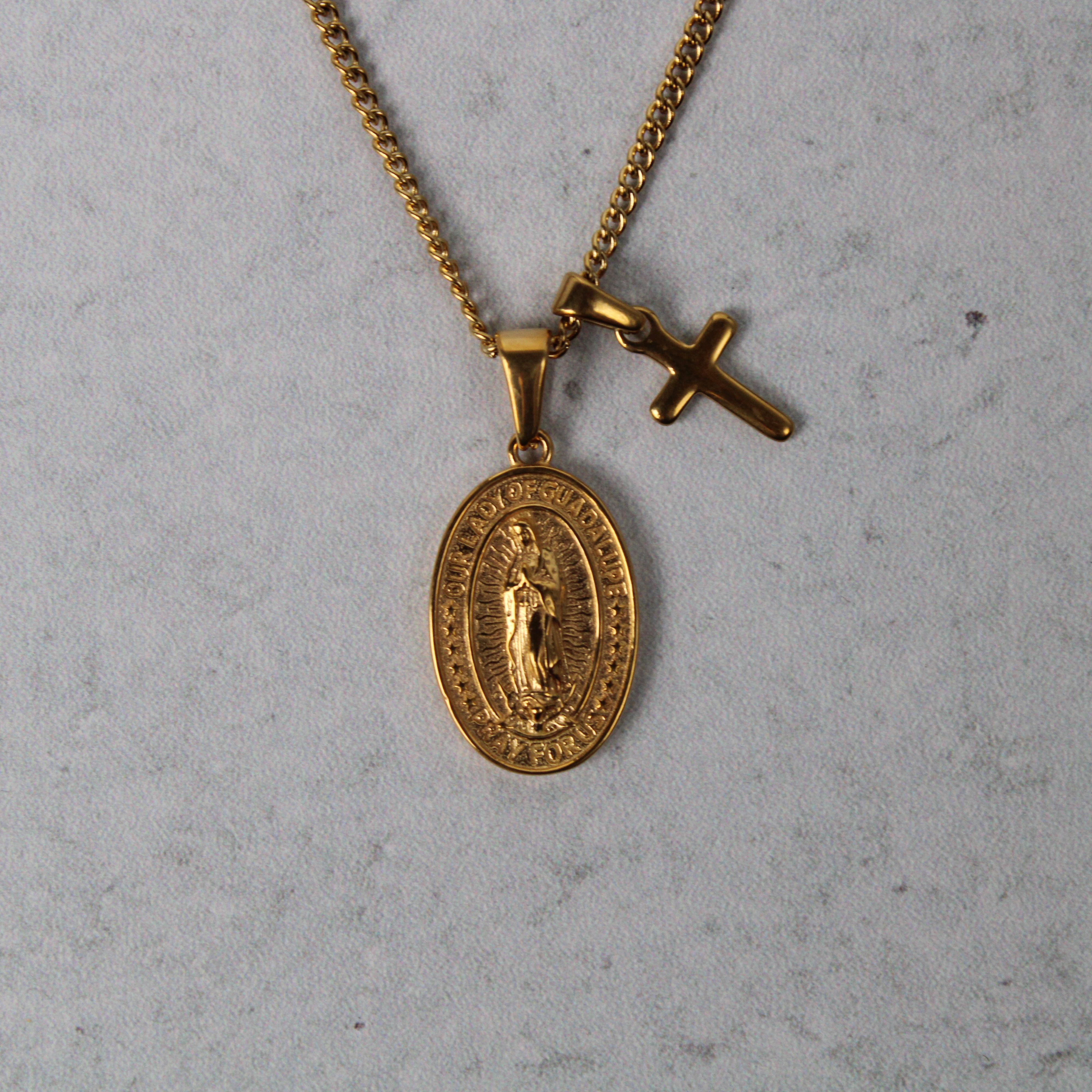 Jewelry Gold Lady of Guadalupe and Mini Cross Pendant Necklace Set Size ONE SIZE - 3 Thumbnail