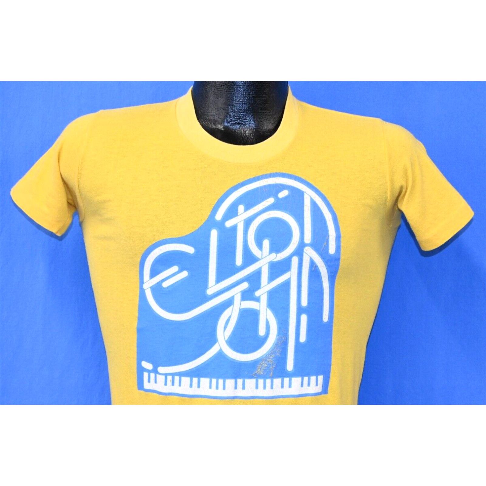 image of Vintage 80's Elton John Piano Logo Yellow Cotton Blend T-Shirt Extra Small Xs in White, Men's