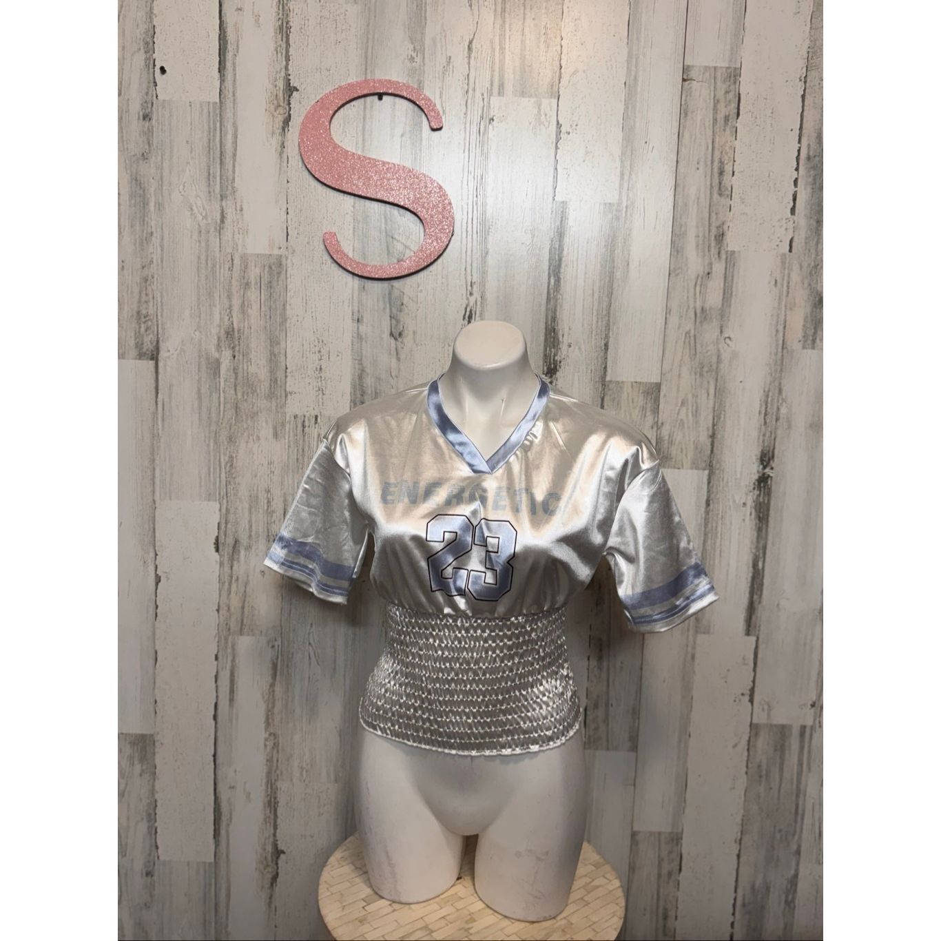 Other Metallic Silver “Energetic 23” Crop Top Women’s Small Shiny Football Jersey Style Size S / US 4 / IT 40 - 1 Thumbnail