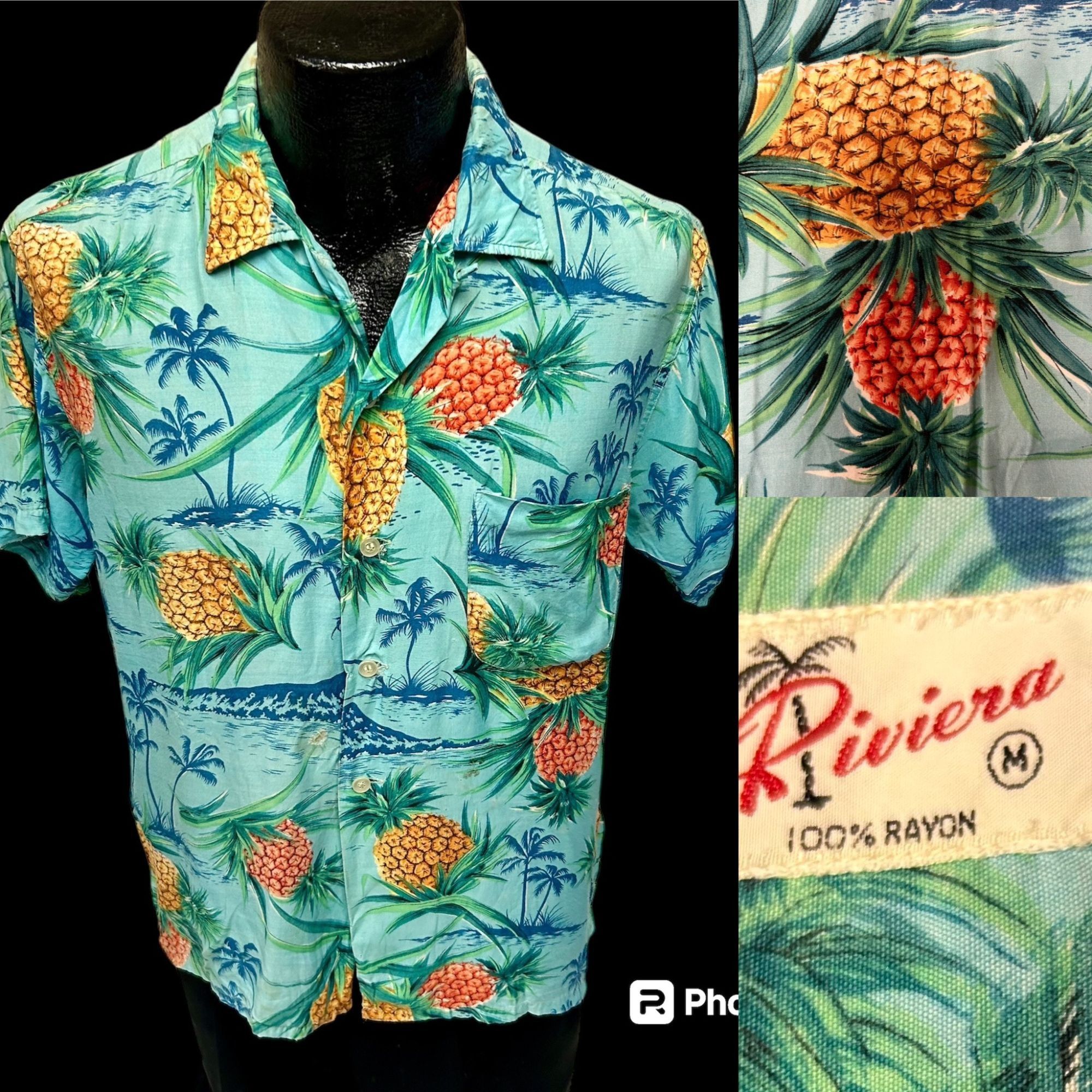 50's Riviera Men's Gold PINEAPPLES Hawaiian Rayon Camp Shirt