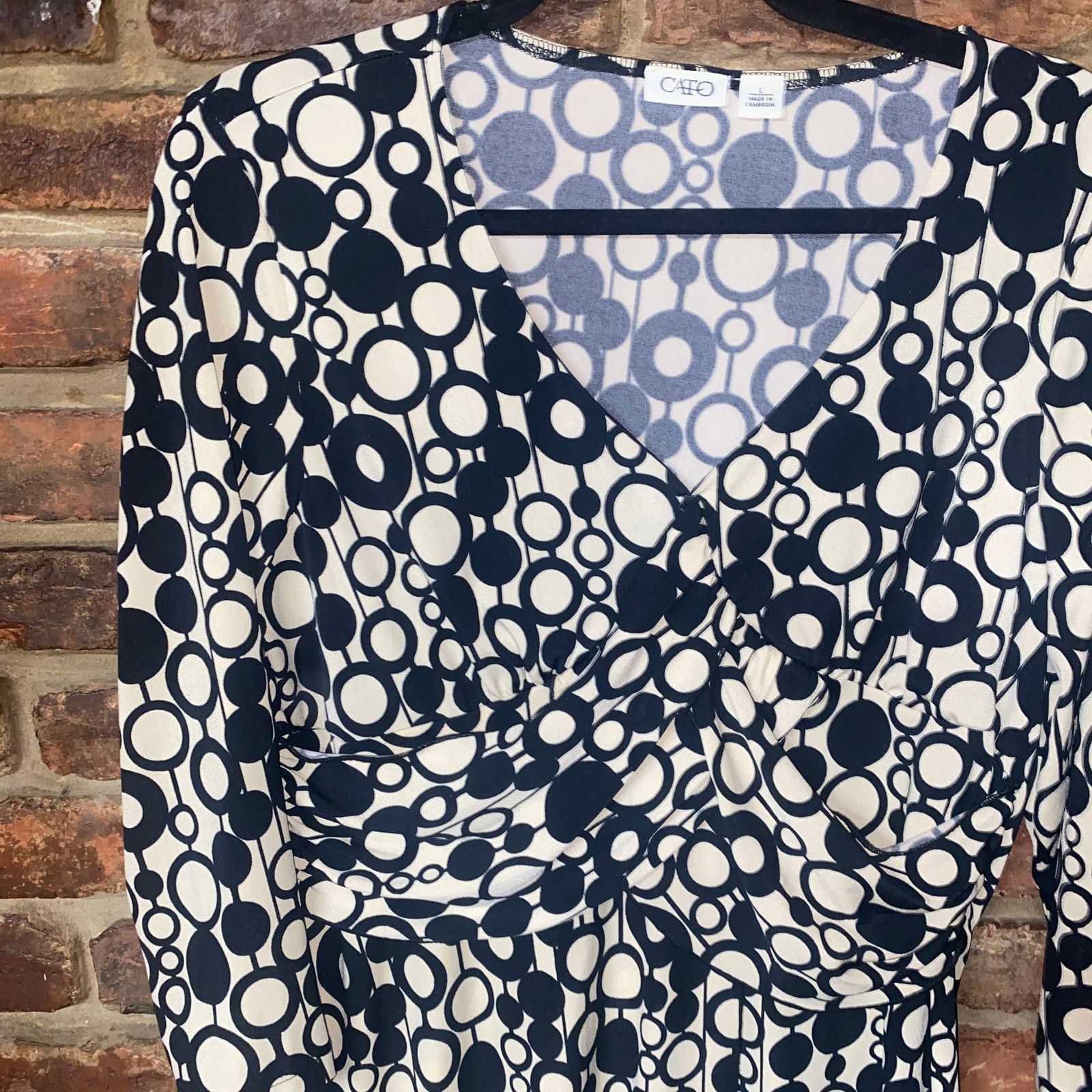 Cartoon Network Cato Beige Black Circle Polka Dot Print Draped Blouse Large Size L / US 10 / IT 46 - 2 Thumbnail