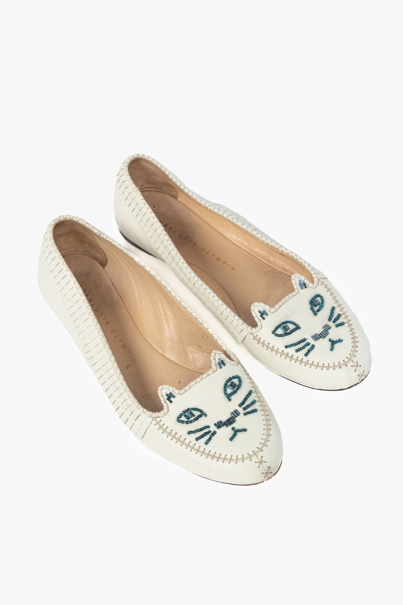 Charlotte Olympia Charlotte Olympia Kitty White Leather Beaded Fringe Flats Size US 7 / IT 37 - 1 Thumbnail