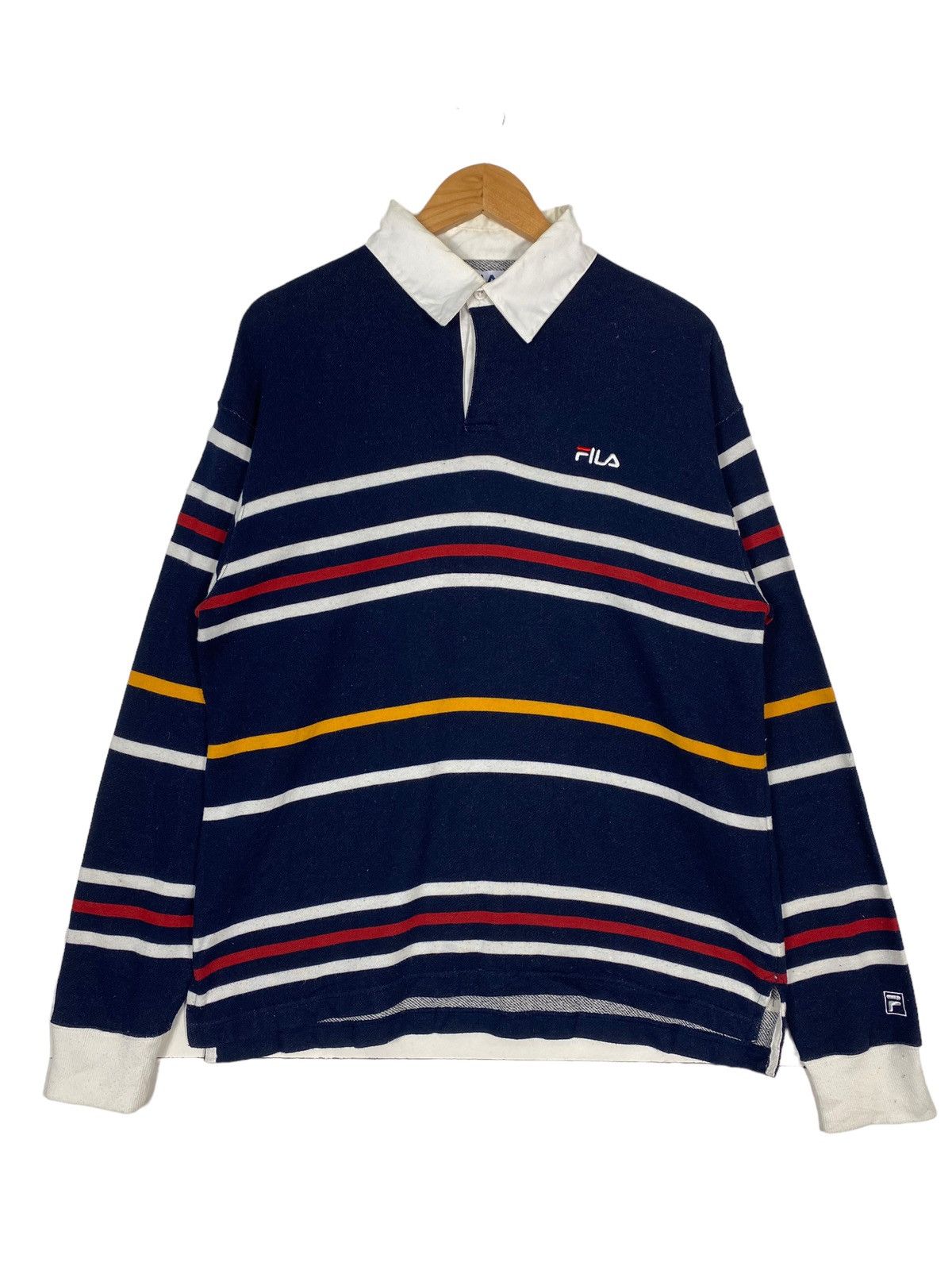 image of Vintage 90's Fila Small Logo Polo Rugby Shirt in Blue Black, Men's (Size Medium)