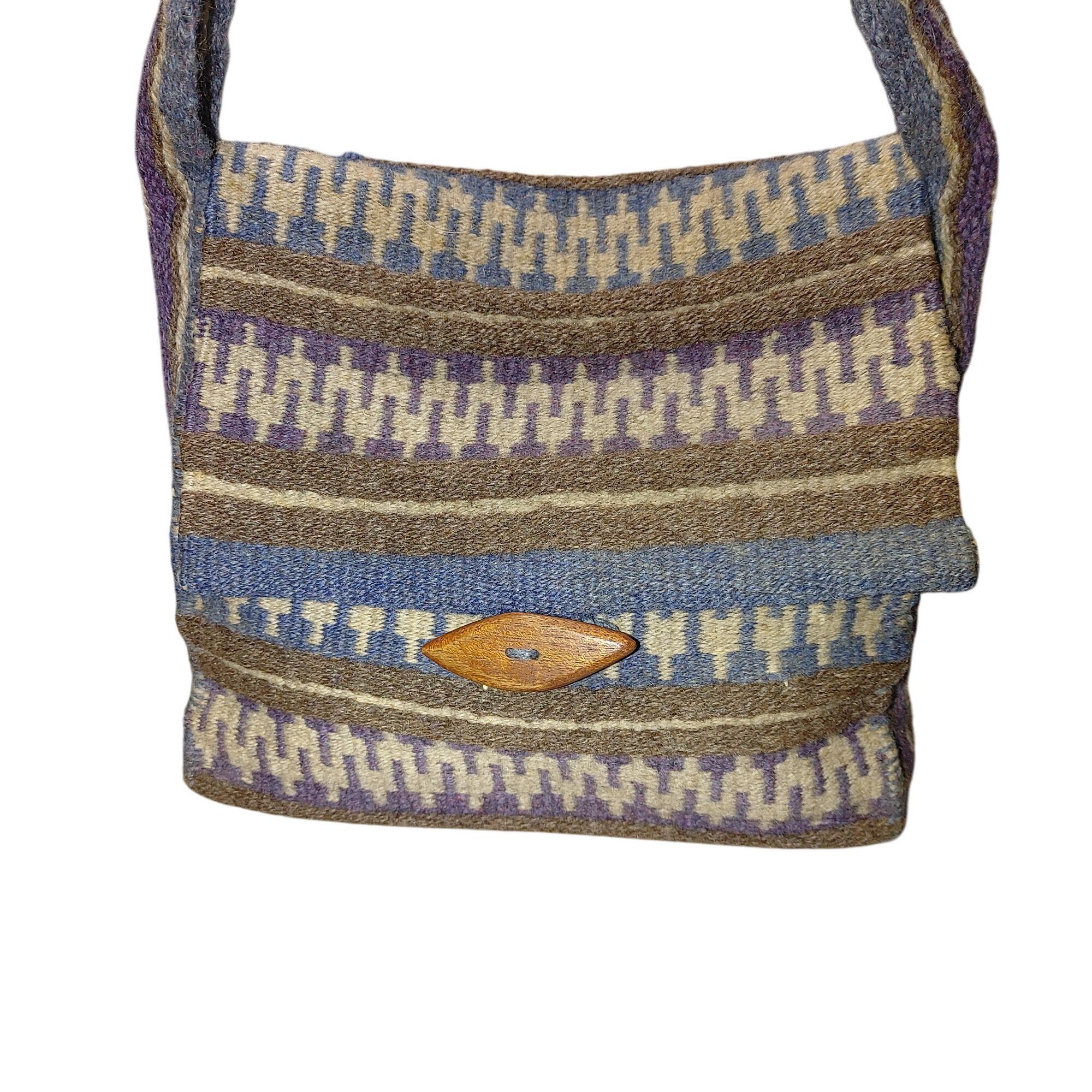 Other Handwoven Wool Shoulder Bag Blue White Brown Stripes Wood Bu Size ONE SIZE - 1 Thumbnail