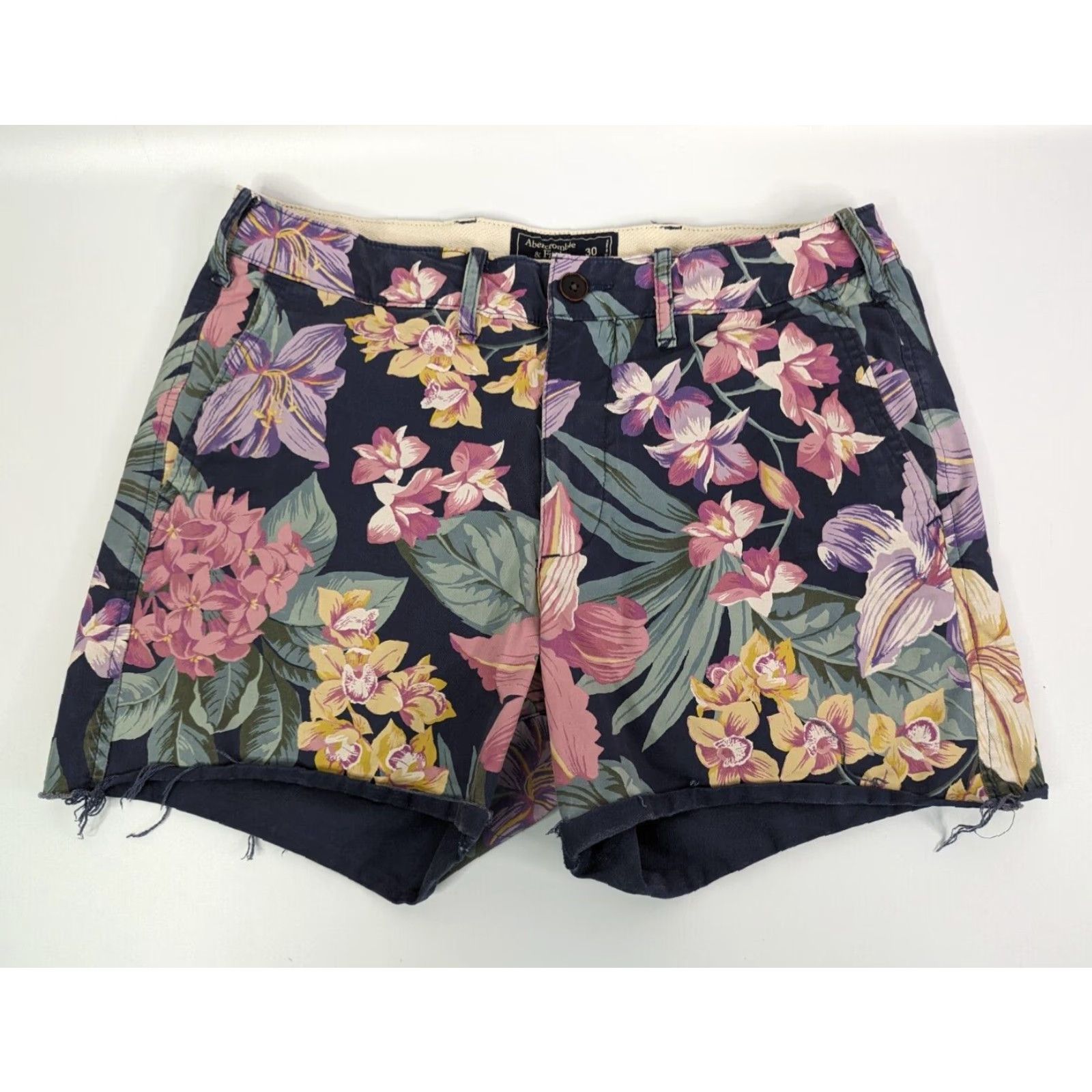 Abercrombie & Fitch Abercrombie & Fitch Shorts Navy Blue Floral Hawaiian 30 Men's Cotton Chino Casual Button Flat Raw Hem 4' Stretch Regular Vintage No Size US 30 / EU 46 - 2 Thumbnail