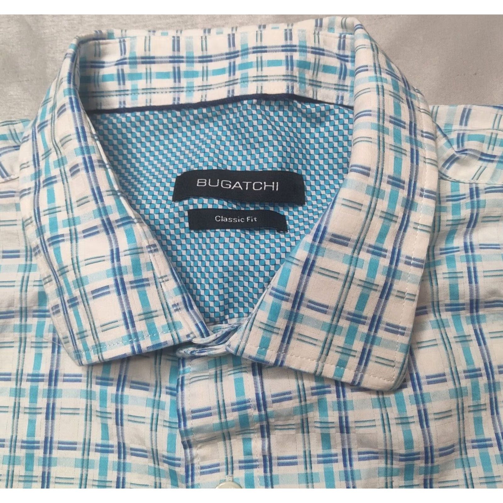 BUGATCHI BUGATCHI CLASSIC FIT Men Large Blue Geo Check Button-Up Long Sleeve Shirt Size US L / EU 52-54 / 3 - 5 Thumbnail