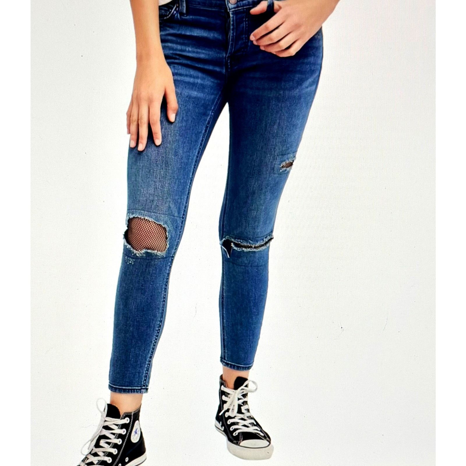 Free People Free People Fishnet-Inlet Skinny Jeans Tupelo Blue 25 Size 25" / US 0 / IT 36 - 2 Thumbnail