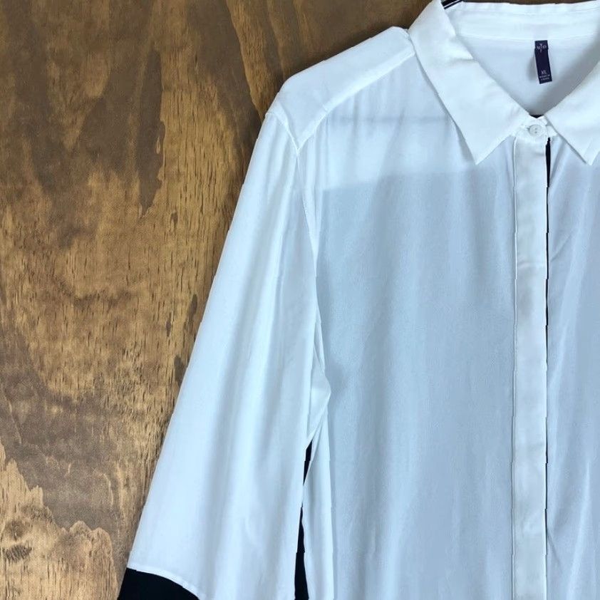 NYDJ NYDJ Blouse White Black Collared Long Sleeve Button Down Sheer XL Women’s Shirt Front View Casual Workwear Boho Preppy 2000s? Size XL / US 12-14 / IT 48-50 - 4 Thumbnail