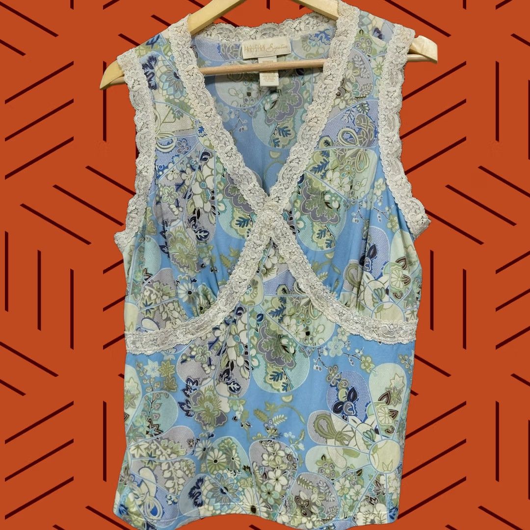 Vintage PARISIAN Signature Floral Lace Trim Top Blue Sleeveless V-Neck Women 2X SLEEVLESS Lace Trim Floral Top Casual Party/Cocktail Womens Size XXL / US 16-18 / IT 52-54 - 1 Thumbnail
