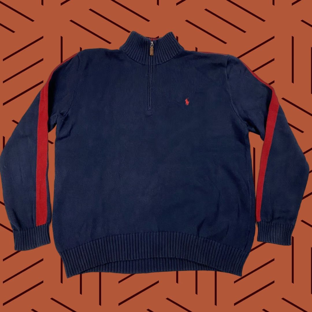 Polo Ralph Lauren VINTAGE Polo Ralph Lauren Sweater Shirt Men XL 100% Cotton 1/4 Zip Mockneck Striped Blue Red Knit Classic Mens 90s Era Size US XL / EU 56 / 4 - 1 Thumbnail