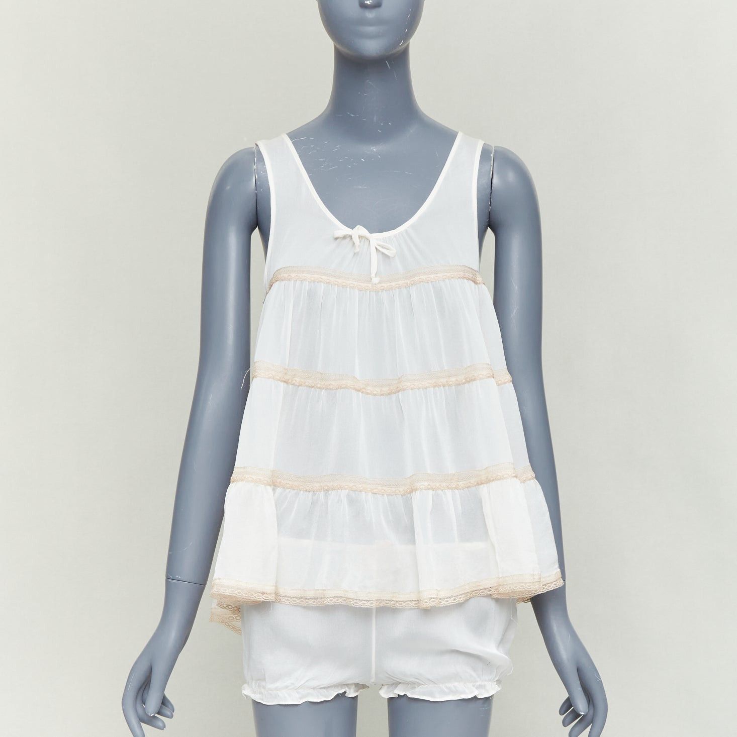 KIKI DE MONTPARNASSE KIKI DE MONTPARNASSE 100% silk cream babydoll bow front tiered bloomer nightwear set M Size M / US 6-8 / IT 42-44 - 1 Thumbnail