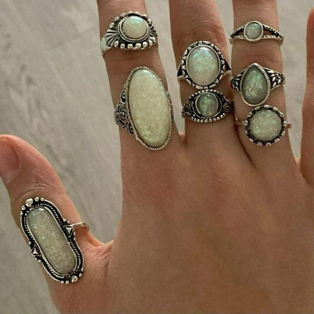 Designer 8pcs Vintage White Opal Antique Silver Ring Set Size ONE SIZE - 4 Thumbnail
