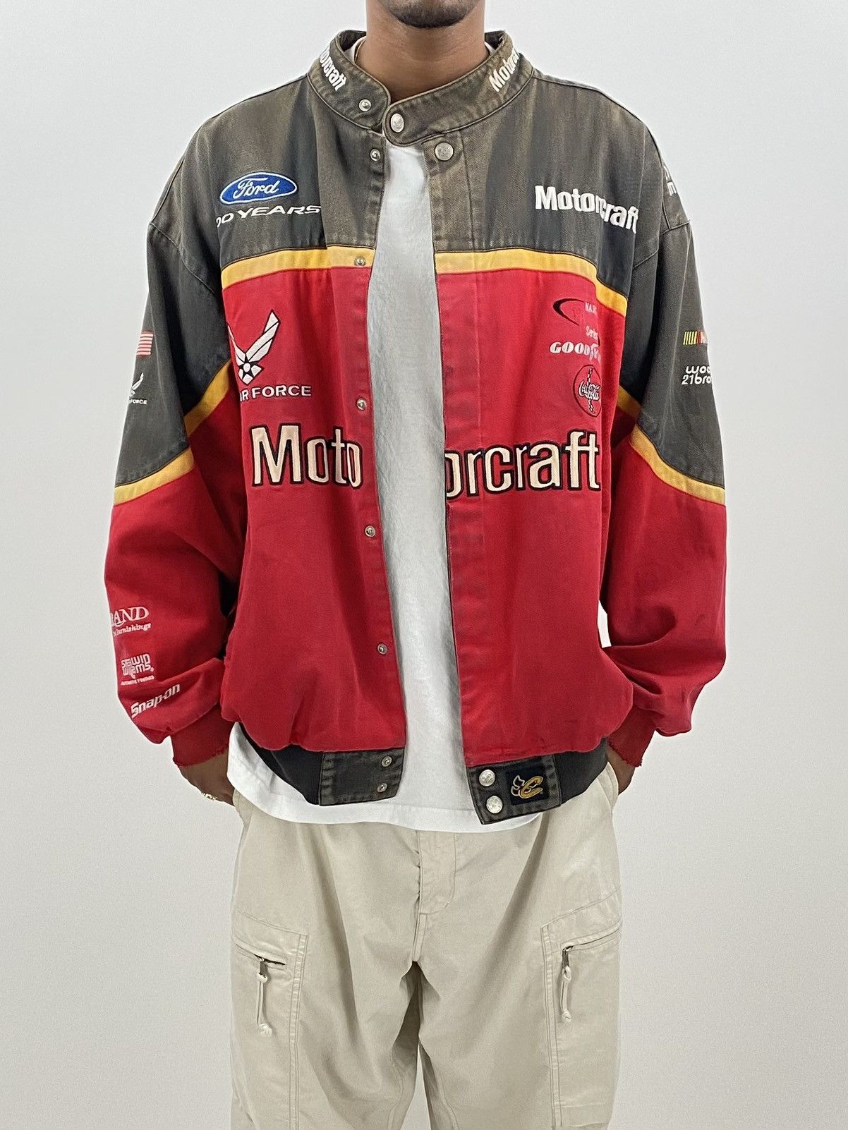 image of Chase Authentics x Nascar Vintage Y2K Nascar Motorcraft Distressed Sunfade Racing Coat in Red (Size