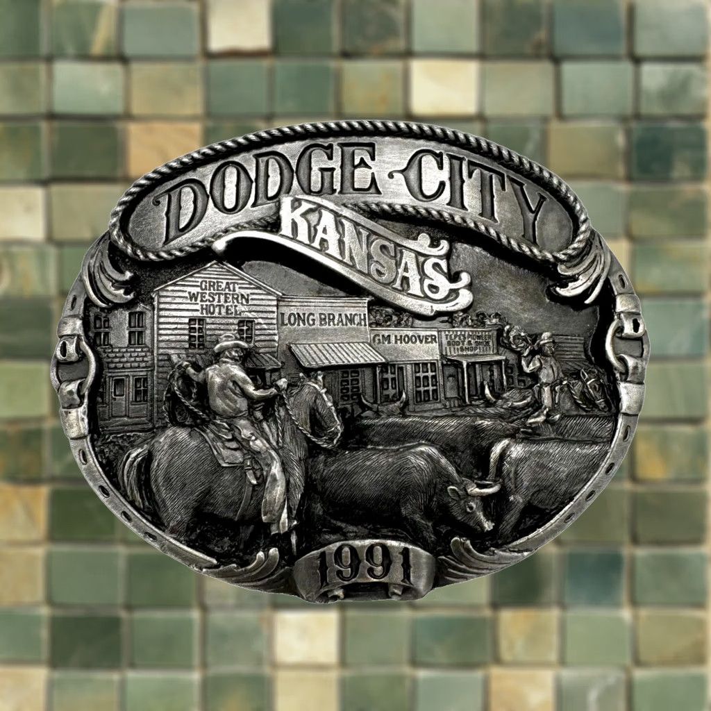 Vintage Siskiyou Dodge City Kansas Old West Cowboys Cattle Metal Belt Buckle 1991 Adult Unisex Silver Size ONE SIZE - 1 Thumbnail
