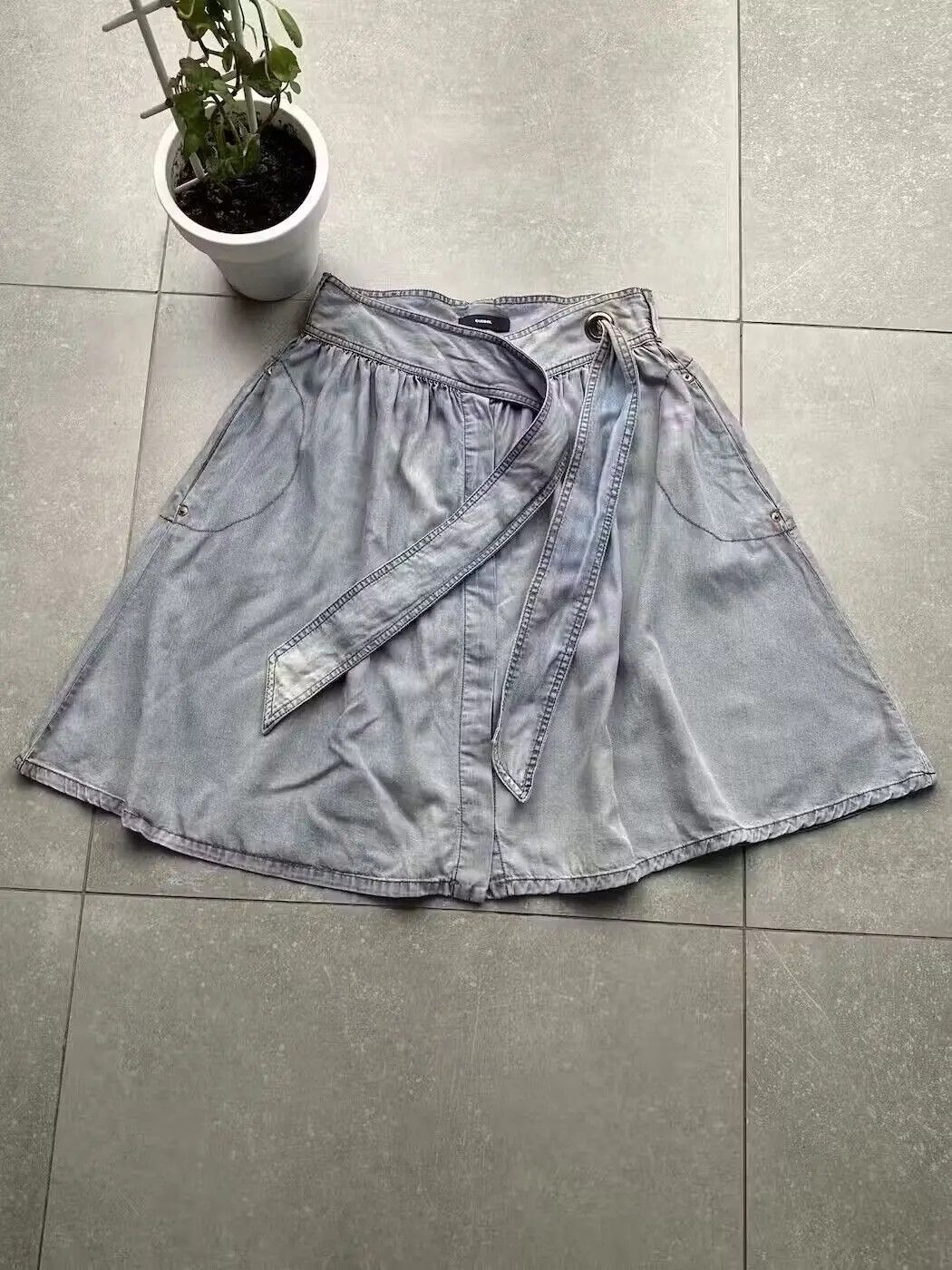 image of Avant Garde x Diesel Vintage Belt Flare Denim Skirt in Blue, Women's (Size 27)