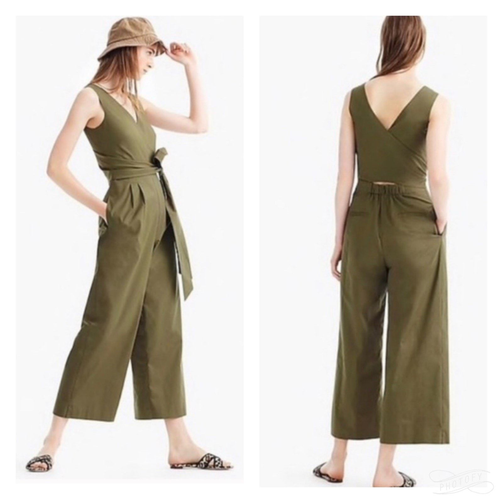 J.Crew J. Crew Wrap Tie Utility V-Neck Wide Leg Olive Jumpsuit Size 36" / US 14 / IT 50 - 1 Thumbnail