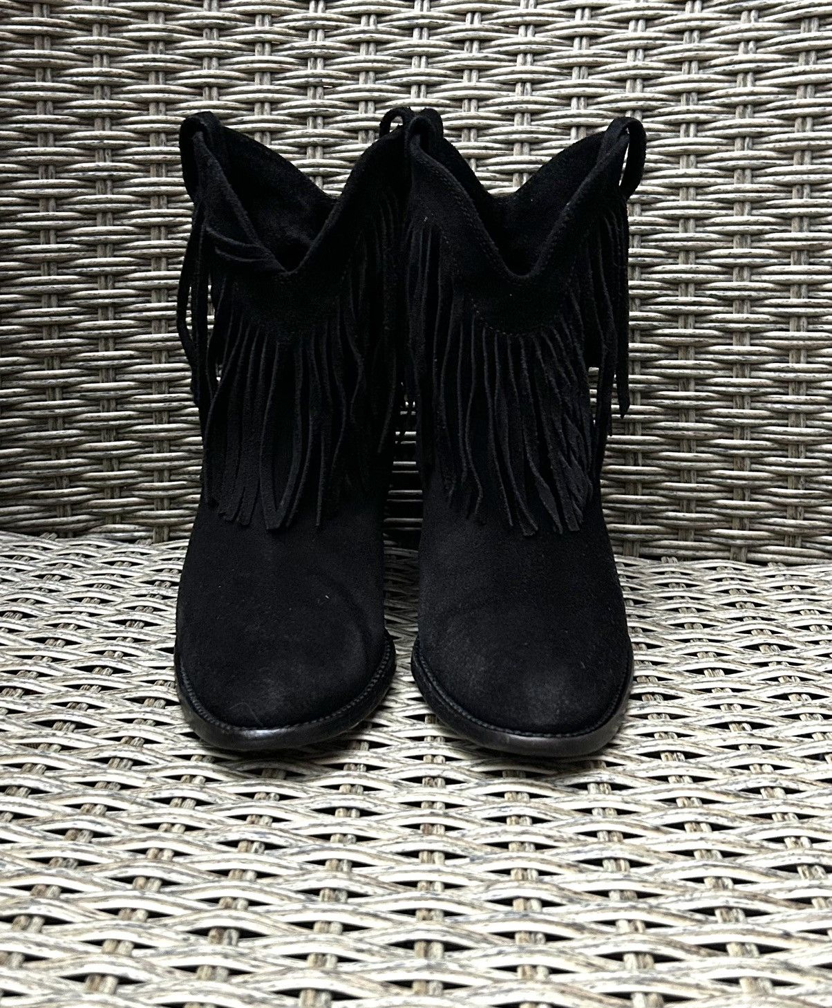 Saint Laurent Paris Black Suede Ankle Western Fringe Boots
