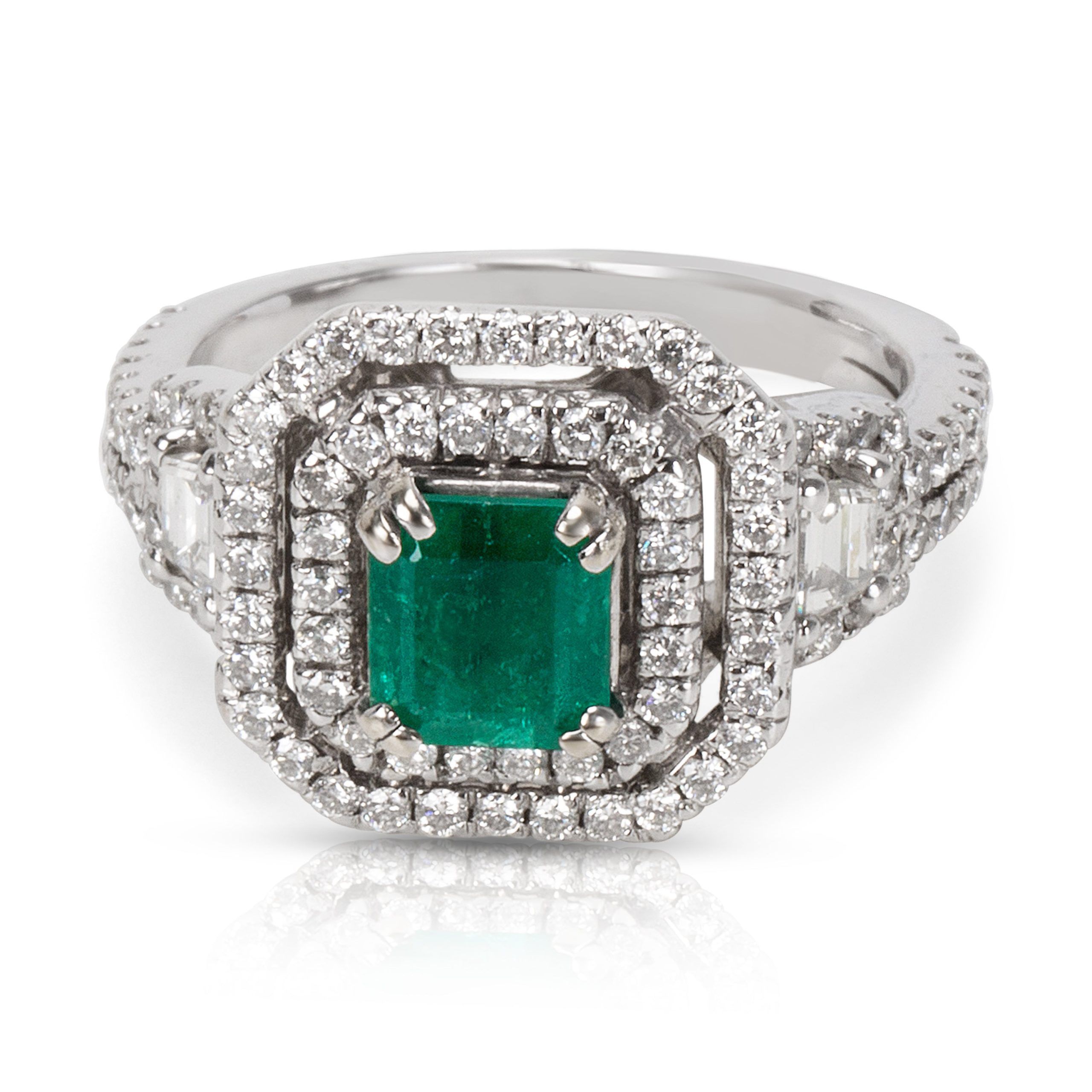 image of Tiffany Co Halo Diamond Emerald Ring In 18Kt White Gold 2.07 Ctw, Women's