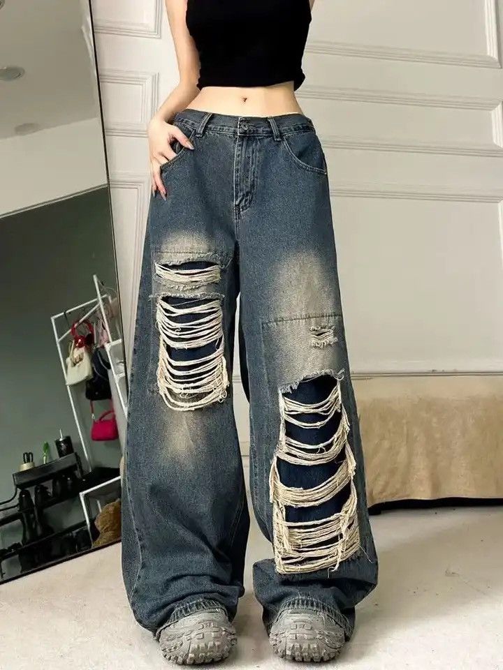 Blue Color Distress Denim Pants