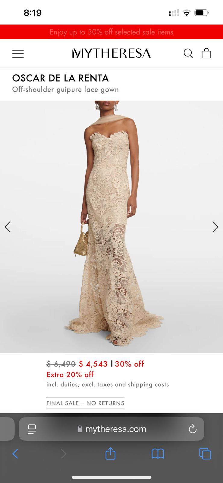 Oscar De La Renta OSCAR DE LA RENTA Off Shoulder Guipure Lace Gown Size M / US 6-8 / IT 42-44 - 1 Thumbnail