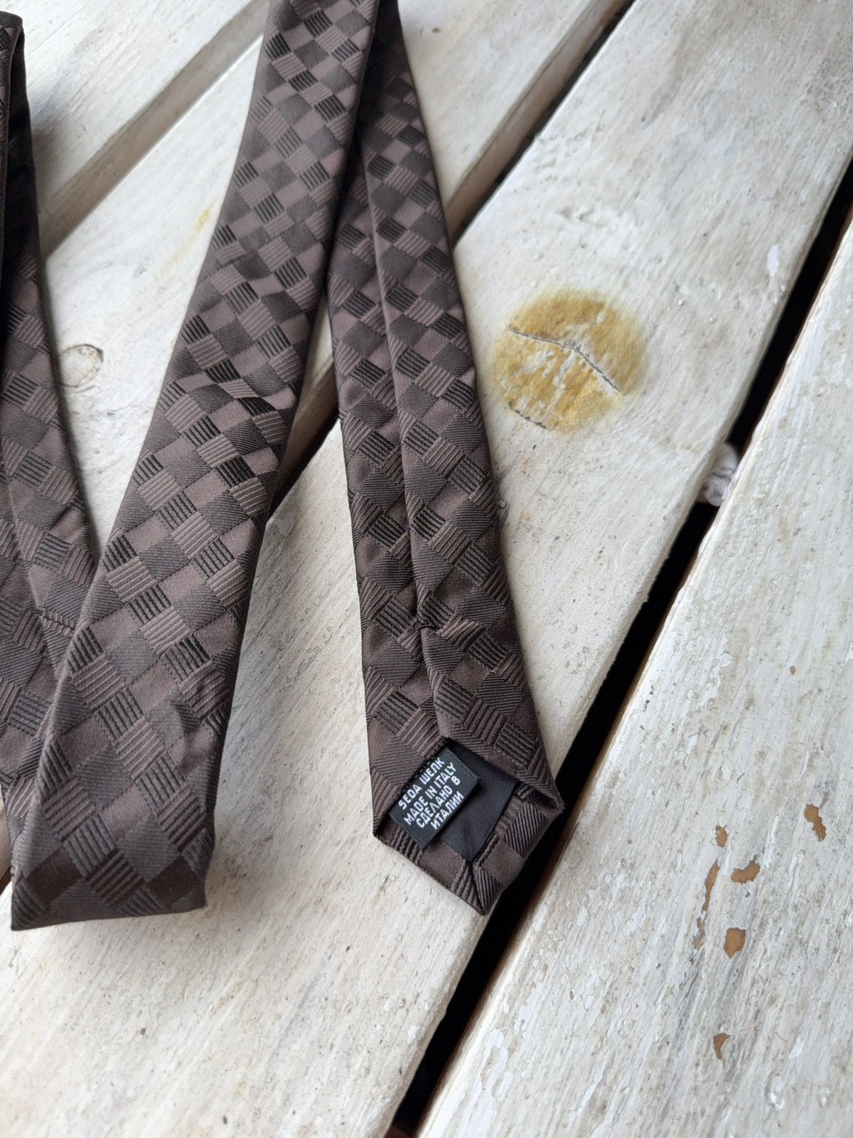Designer × Hugo Boss Hugo Boss Brown Geometric Silk Tie Checkered Pattern Size ONE SIZE - 4 Thumbnail
