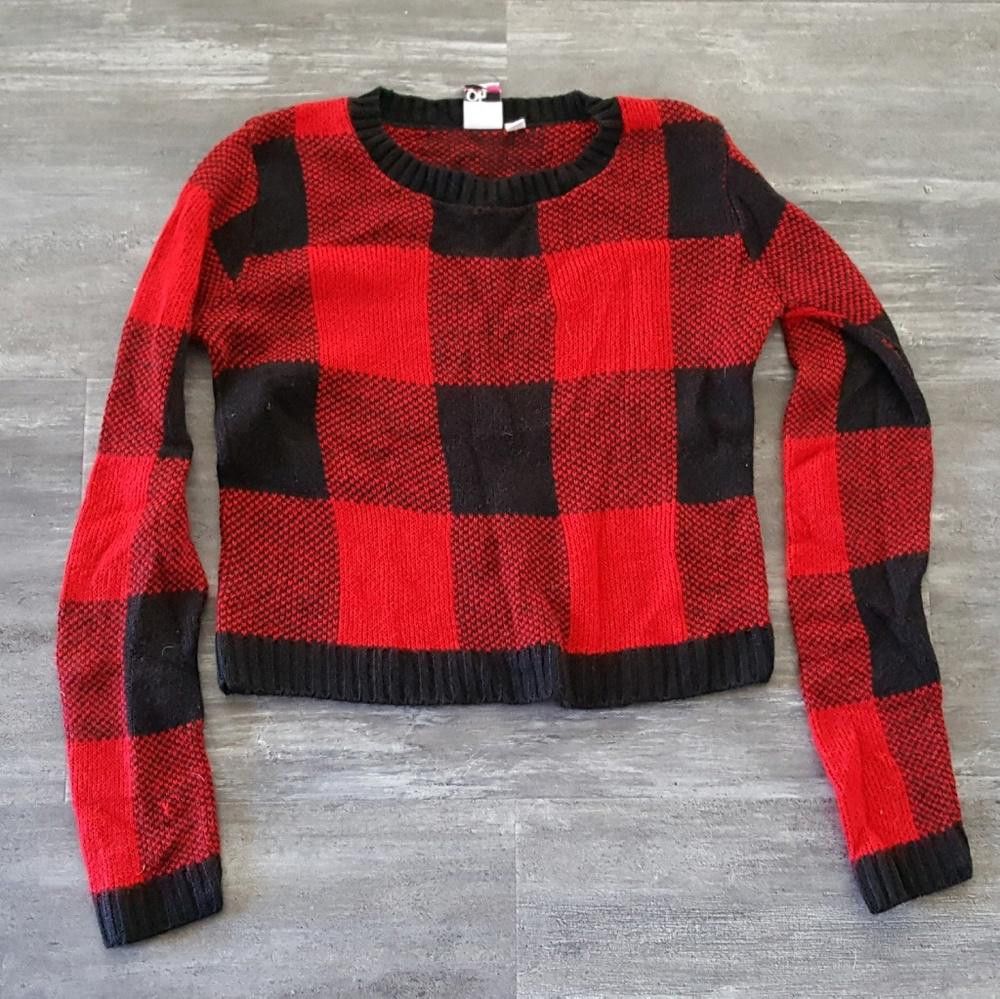 Designer Red Black Plaid OMG Crop Sweater Long Sleeve Size S / US 4 / IT 40 - 1 Thumbnail