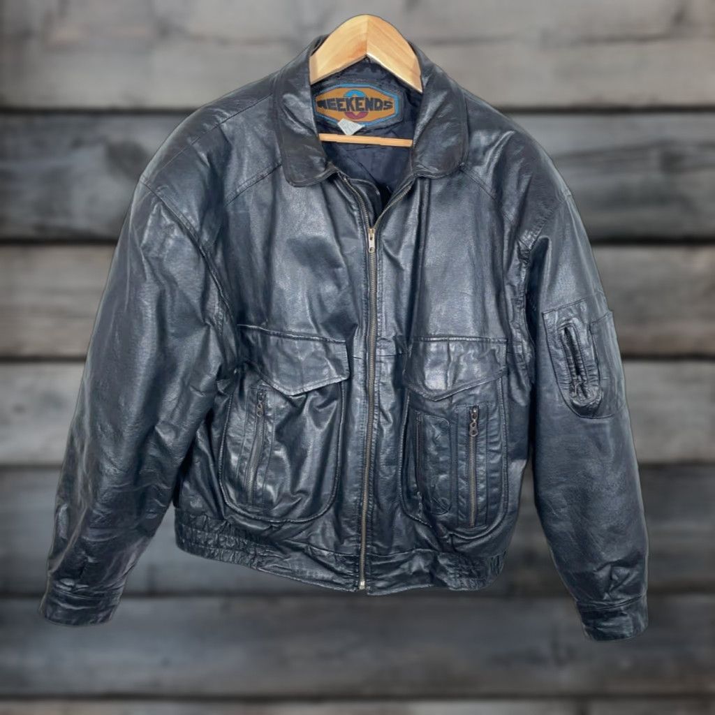 Vintage Vintage Weekends Leather Jacket Men XL Black Quilted Lined Insulated Zip Up Size US L / EU 52-54 / 3 - 1 Thumbnail