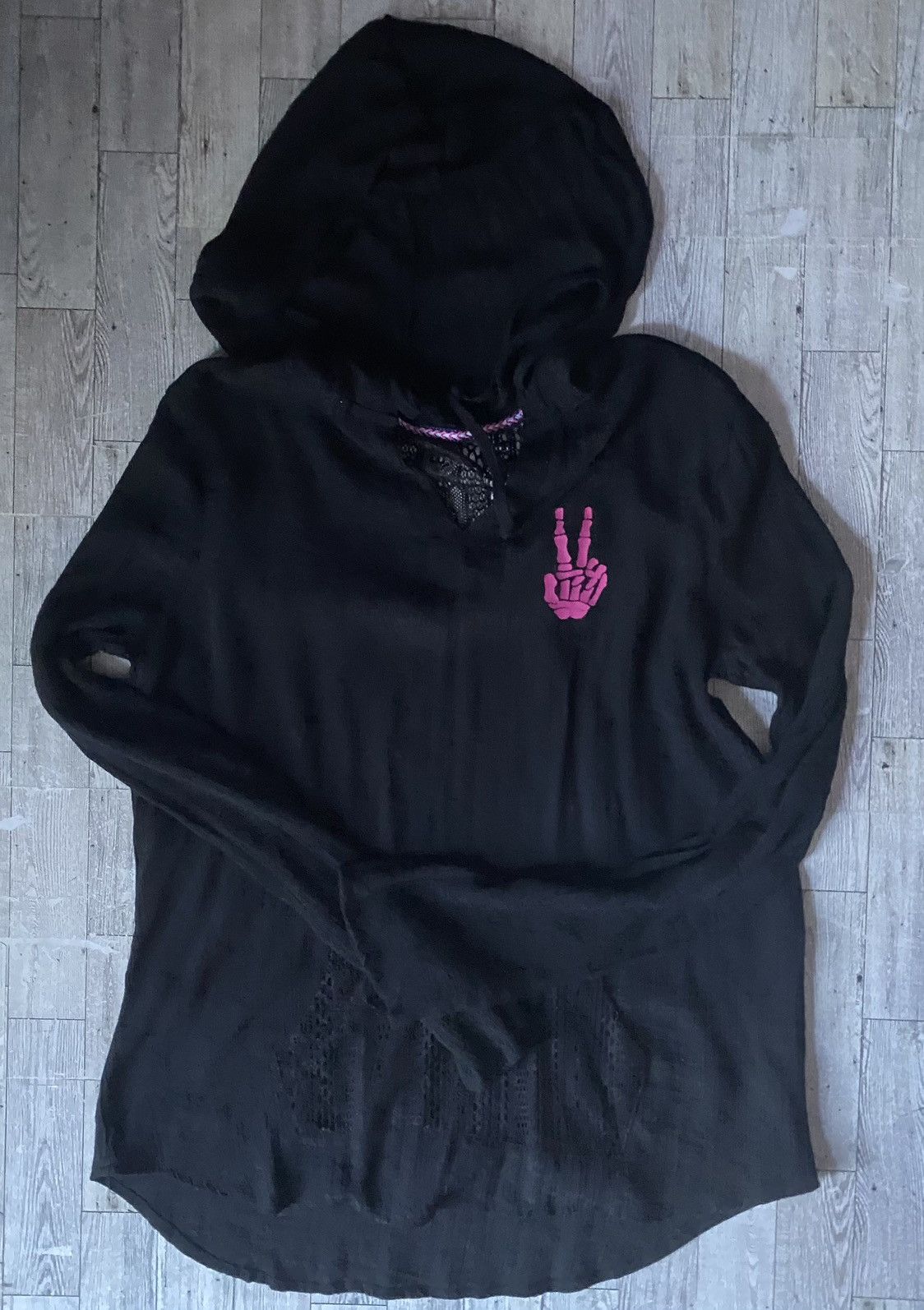 Vintage Retro, Peace Sign Skeleton, Upcycled, Hooded, Cover-Up Tunic Size S / US 4 / IT 40 - 3 Thumbnail