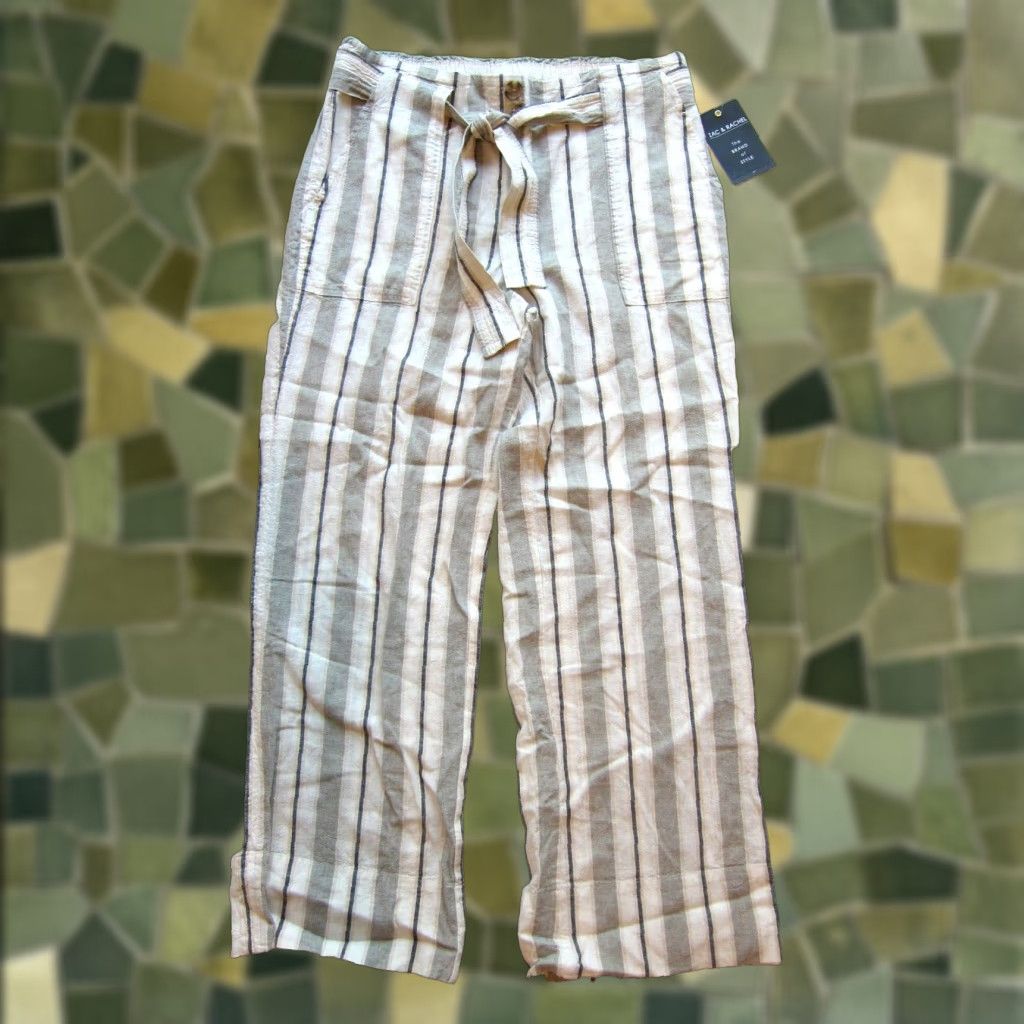 Vintage VINTAGE Zac & Rachel Linen Olive Green Ivory Black Stripe Pocket Wide Leg Pant Large Size 36" / US 14 / IT 50 - 1 Thumbnail