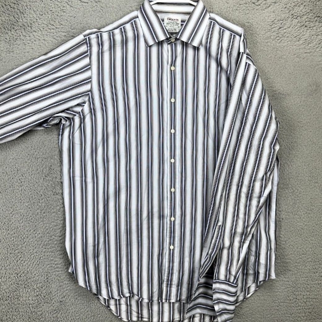 Vintage T.M. Lewin Dress Shirt Men 17.5-38 Light Blue Black Stripe Button Up Regular Fit Shirt Mens Long Sleeve Cotton Striped French Cuff Size 48R - 2 Thumbnail