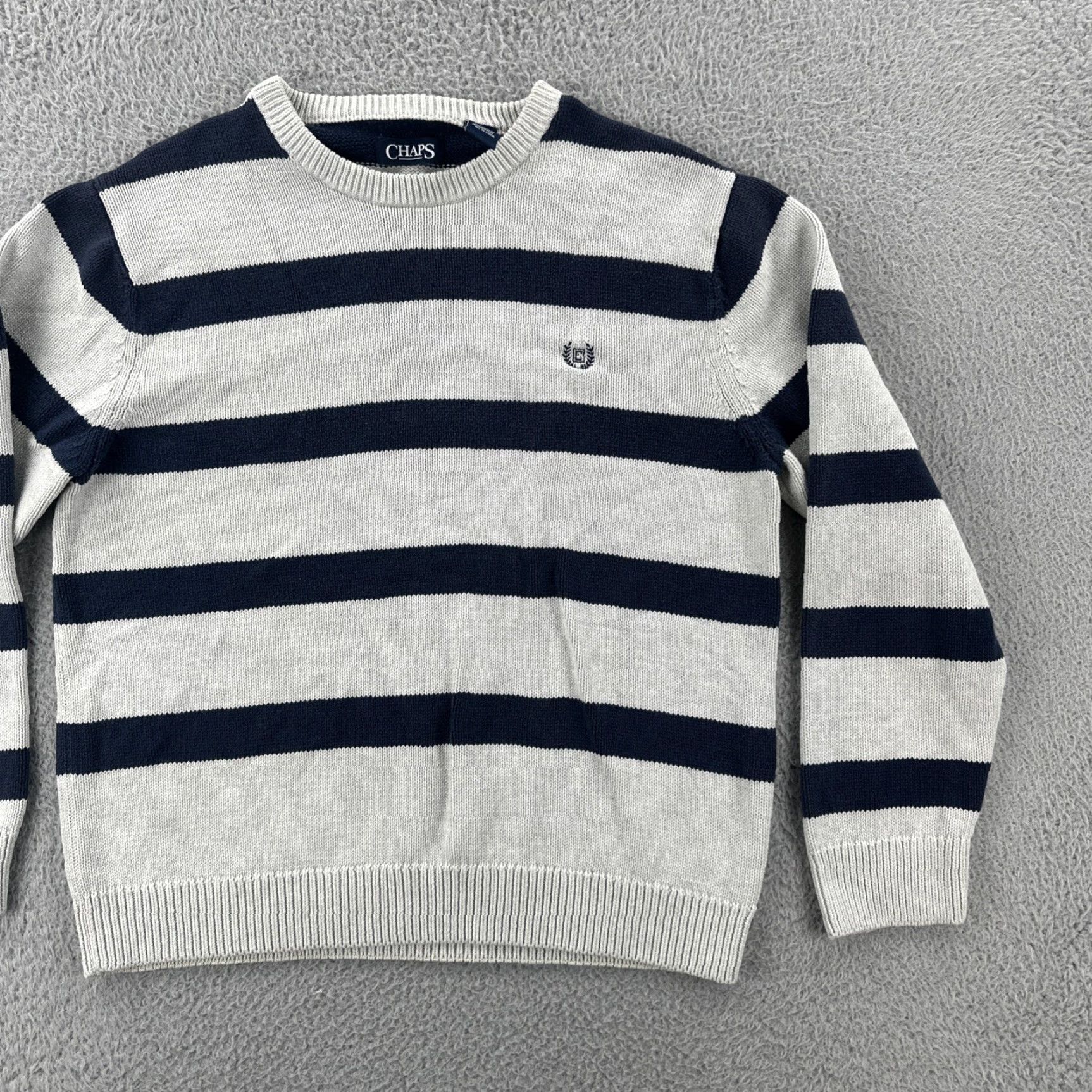 Chaps VINTAGE Chaps Sweater Men L White Blue Striped Cotton Logo Crew Neck Pullover Regular Size L Size US L / EU 52-54 / 3 - 2 Thumbnail