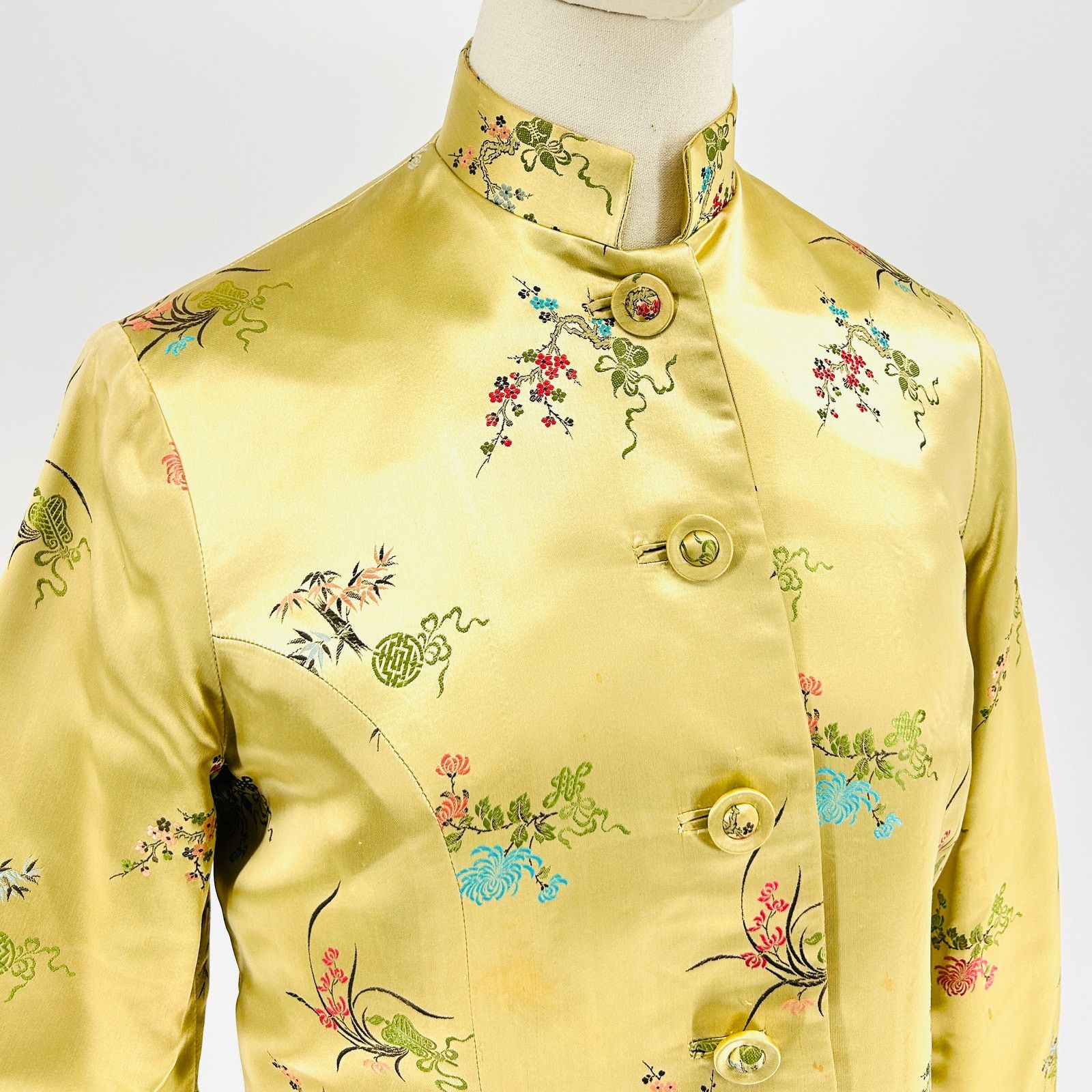 Vintage 60s Couture Gold 100% Silk Satin Cheongsam Dress Suit Size M / US 6-8 / IT 42-44 - 6 Thumbnail
