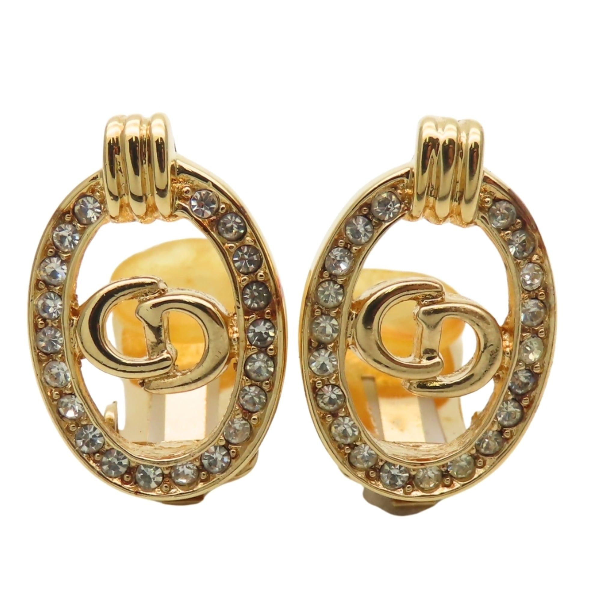 Dior Christian Dior CD logo metal earrings with rhinestones in gold GP plated. Women's. Size ONE SIZE - 1 Thumbnail