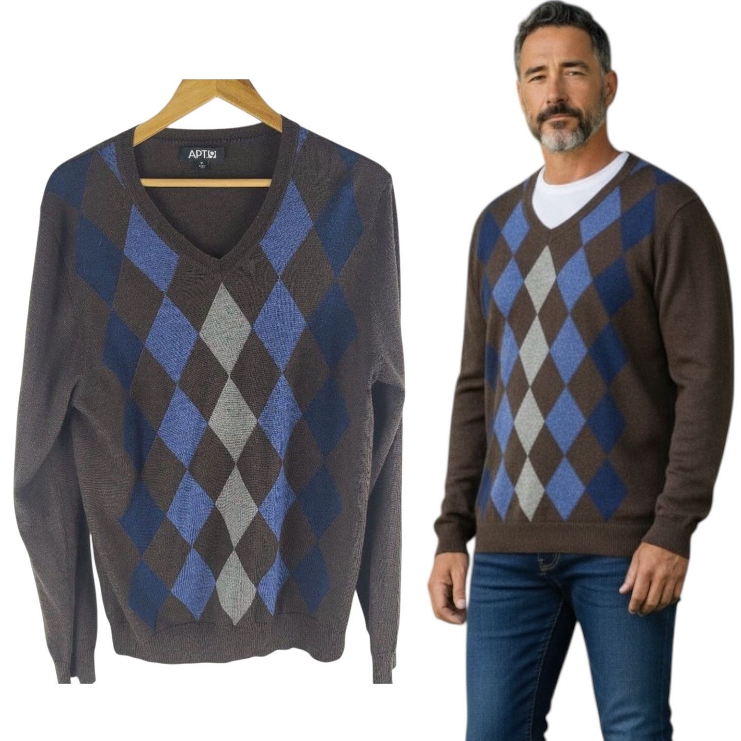 Apt. 9 Apt 9 Merino Wool Blend Argyle V Neck Sweater Brown Size XL Size US XL / EU 56 / 4 - 1 Thumbnail