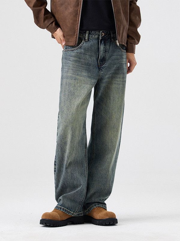 Japanese Brand Men's Retro Loose Wide-Leg Straight Washed Distressed Jeans Size US 32 / EU 48 - 2 Thumbnail