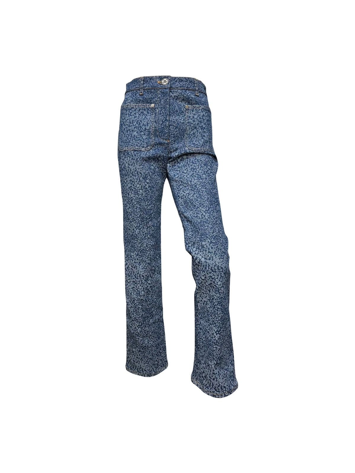 image of Chanel S/s 2021 Cc Logo Floral Printed High Rise Denim Pants in Blue, Women's (Size 25)