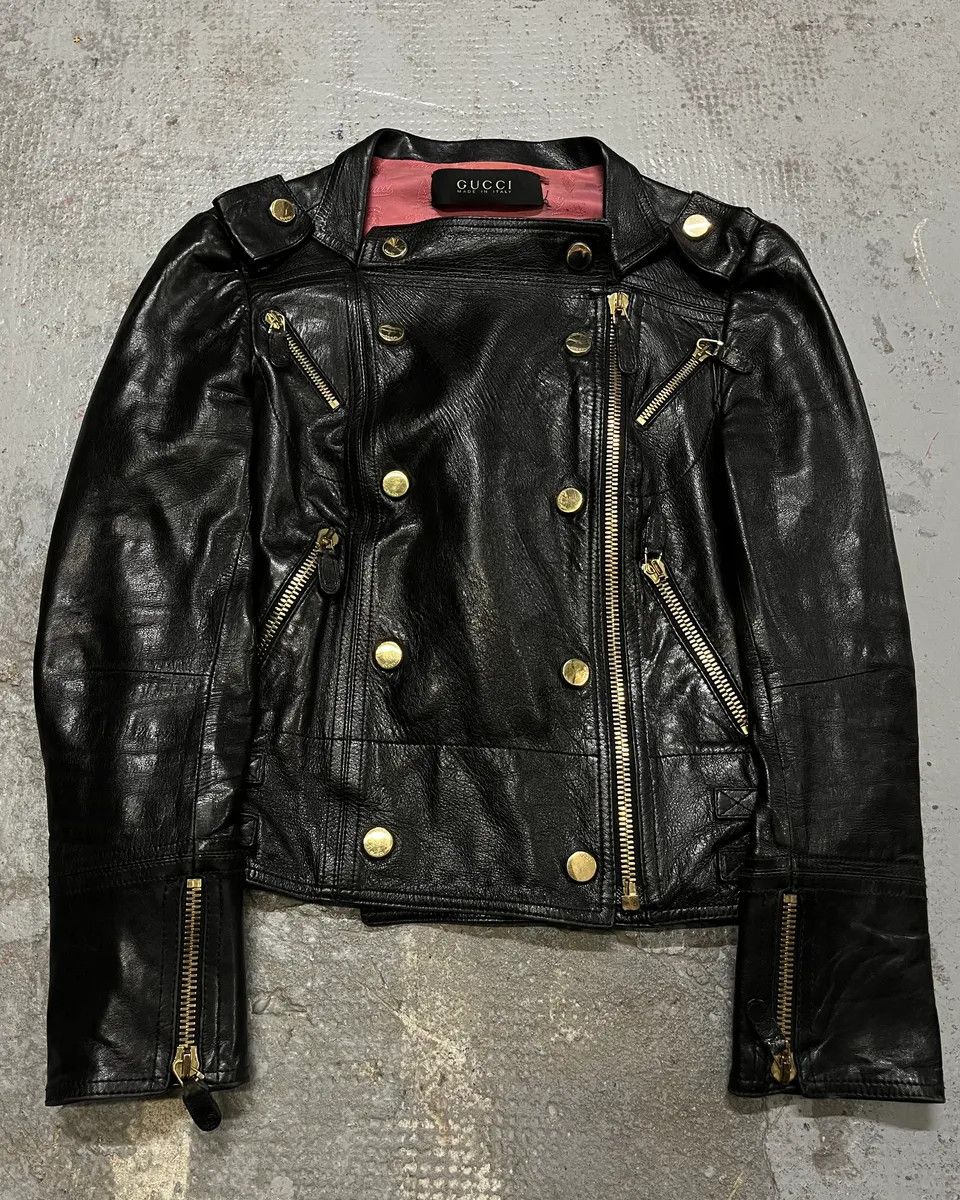 Gucci 2010s Gucci Black Leather Gold-Studded Biker Jacket Size XS / US 0-2 / IT 36-38 - 4 Thumbnail