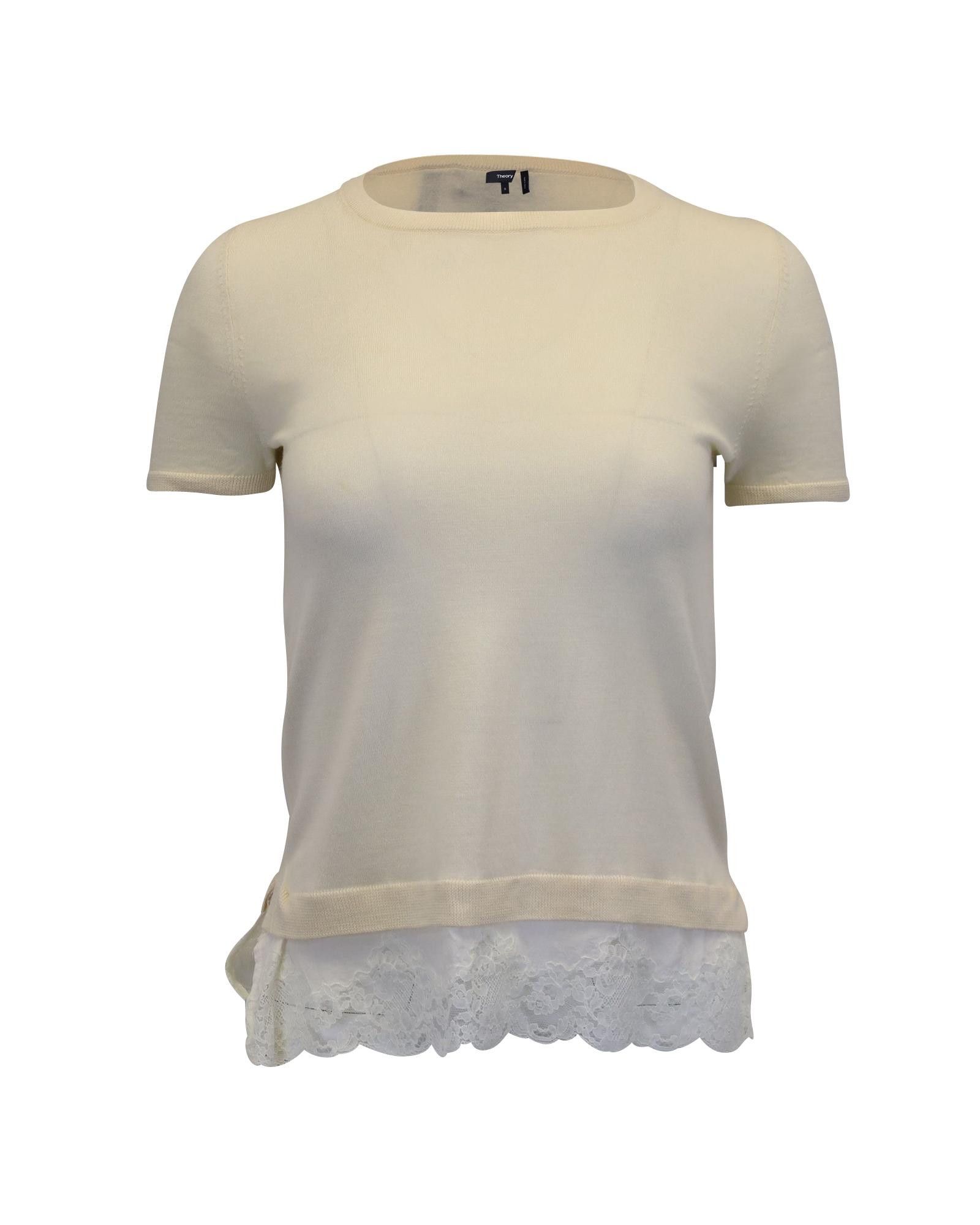 image of Lace-Trimmed Cream Wool Top By Theory in White/Cream, Women's (Size Small)