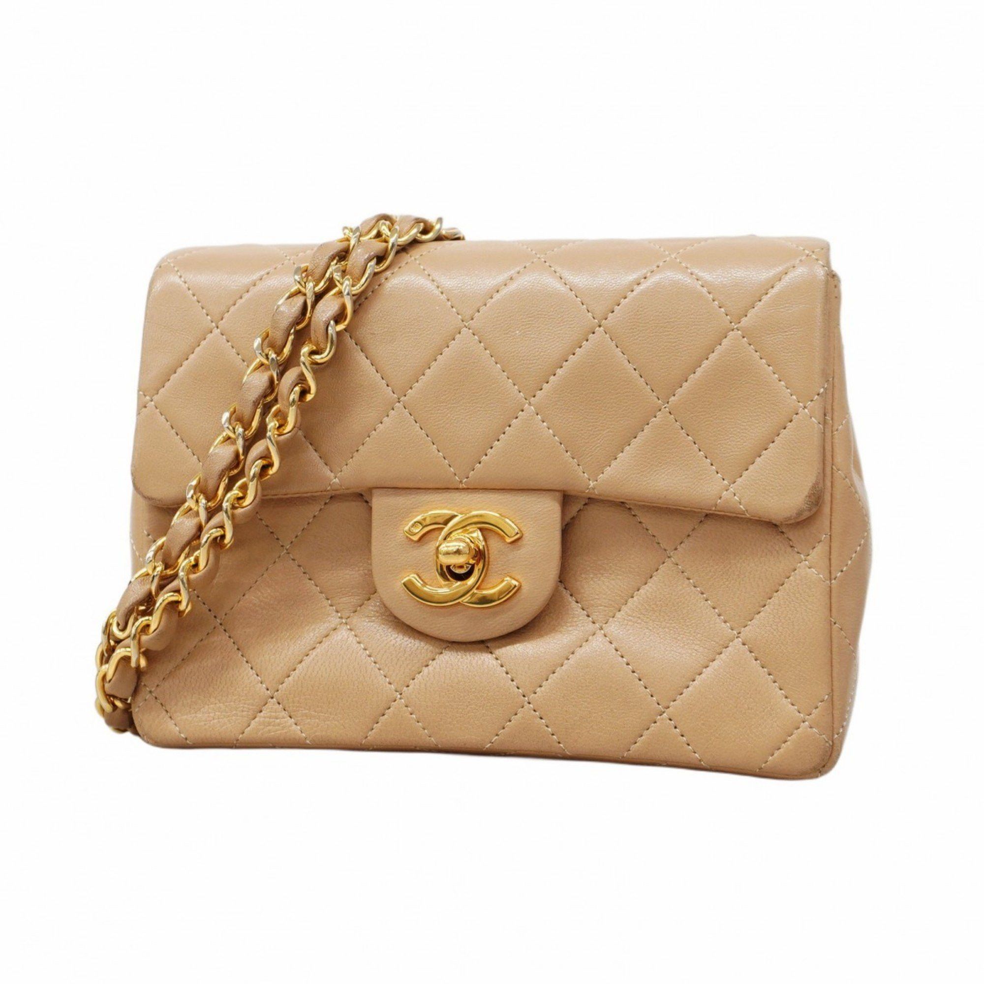 Chanel Shoulder Bag Mini Matelasse Chain Lambskin Beige Women's