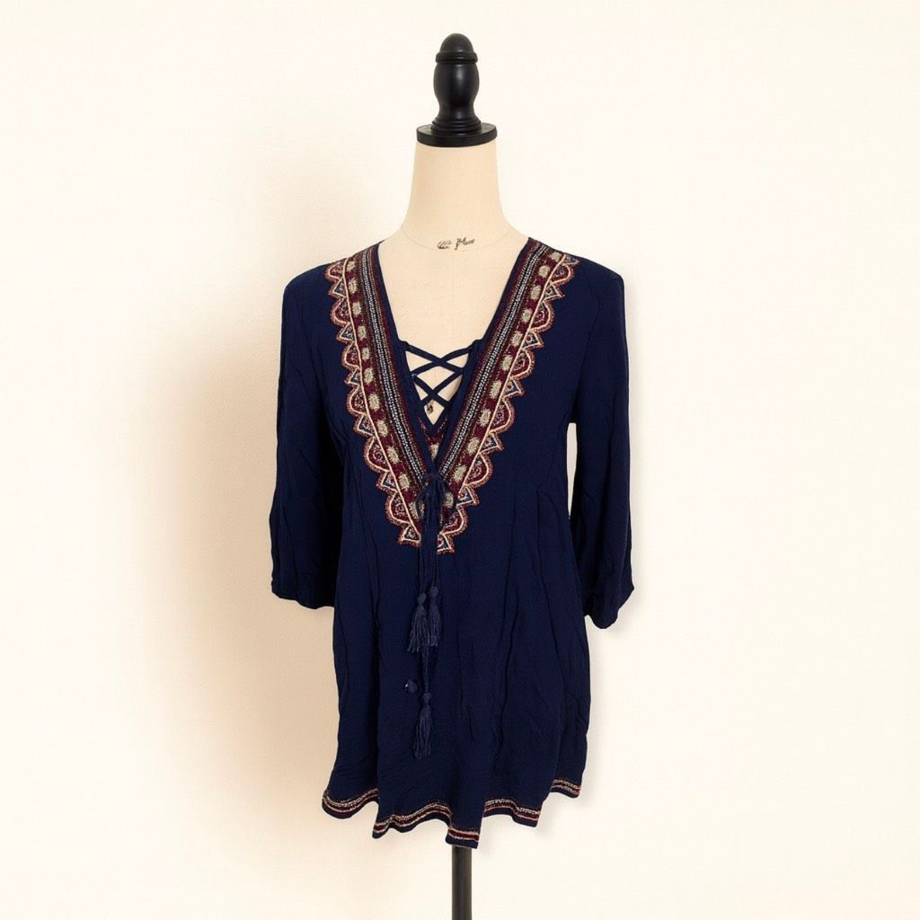 Forever 21 Forever 21 Navy Boho Embroidered Tunic Blouse – Lace-Up Fron Size L / US 10 / IT 46 - 1 Thumbnail