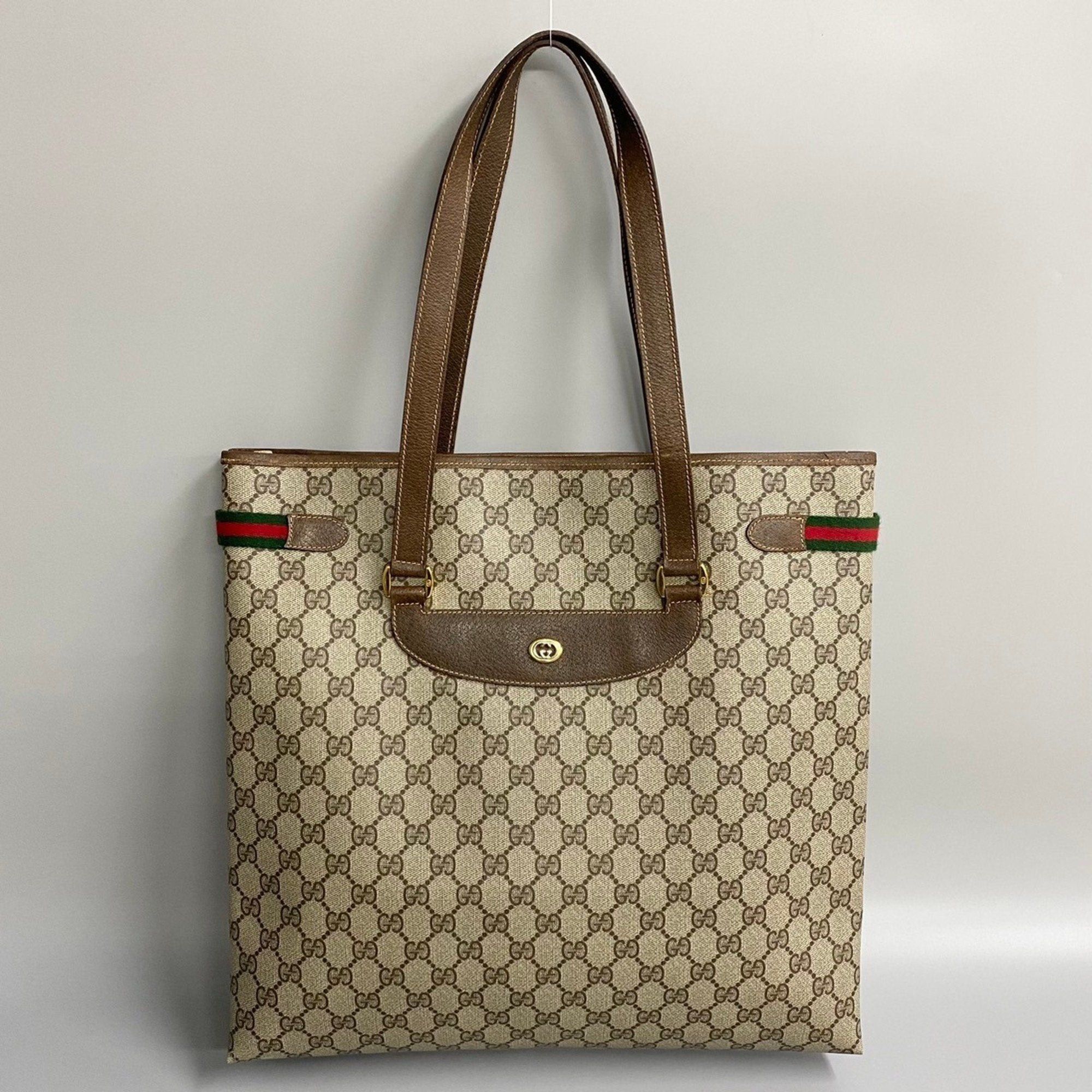 image of Gucci Old Sherry Line GG Hardware Leather Tote Bag Storage Brown 17060, Women's